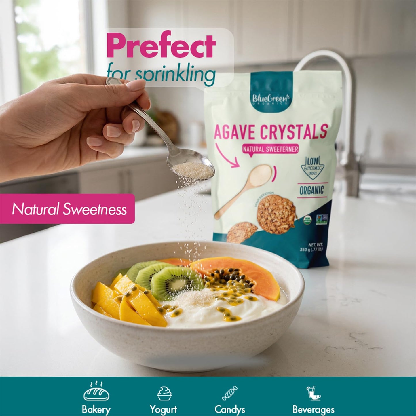 BLUE GREEN ORGANICS Organic Agave Sugar Crystals - Natural Low Glycemic Sweetener - Vegan, Gluten Free - Plant Based Sugar Alternative - 0.77 lb