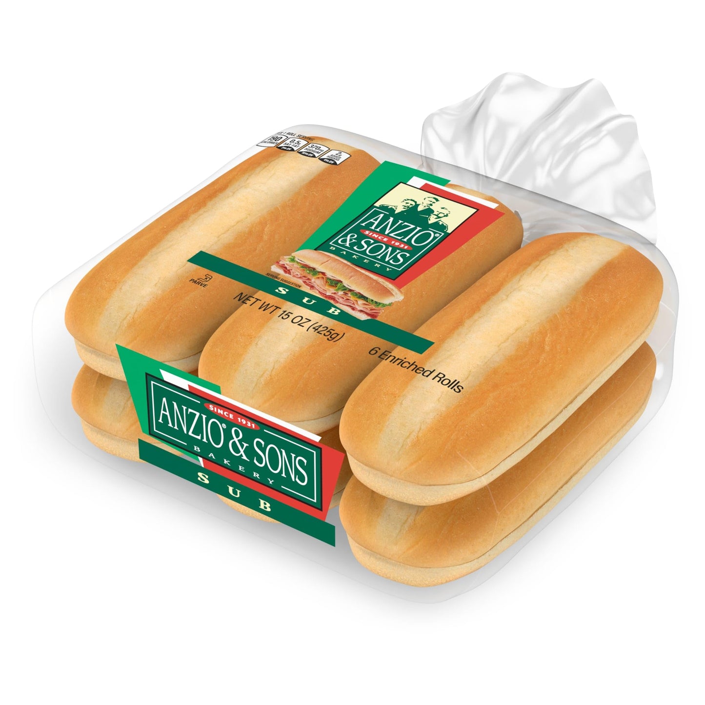 Anzio & Sons White Sub Rolls, 6 count, (2.5 oz each), Sandwich Rolls, 15 oz Bag