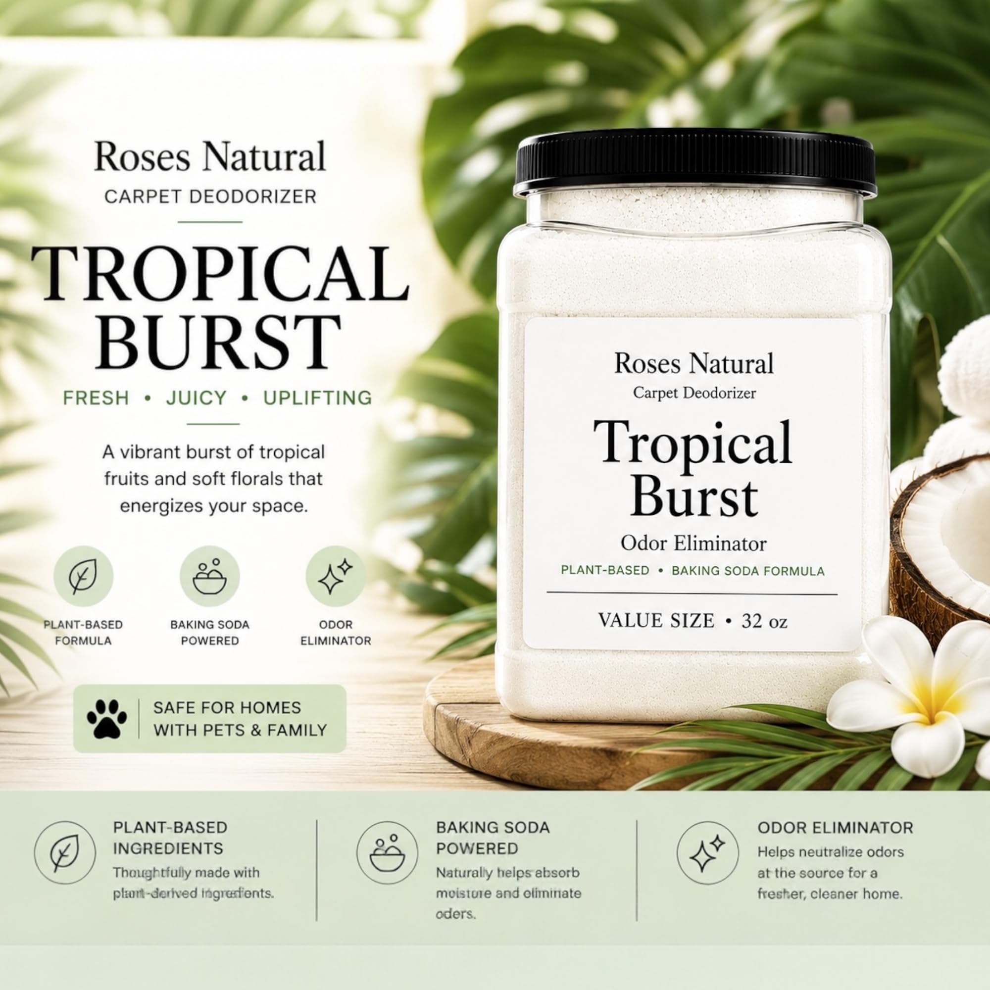 Roses Natural Carpet Deodorizer Powder - 32 oz Value Size | Plant-Based Baking Soda Formula | Odor Eliminator for Carpets, Rugs, Upholstery & Pet Beds