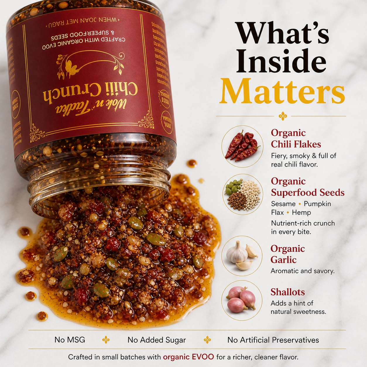 Wok n Tadka Spicy Garlic Chili Crunch 6oz, Crunchy Chili Crisp with Organic EVOO, Superfood Seeds, No Seed Oils, No Sugar Added, Gluten Free, Keto