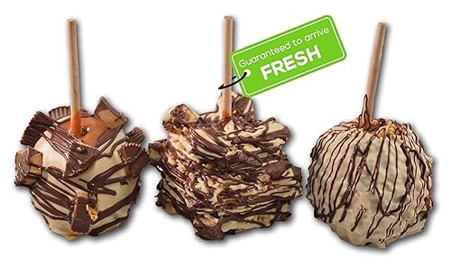 US Sweets Caramel Apple 3 Pack - Caramel Granny Smith Apples Dipped in Peanut Butter White Chocolate with Nuts, Snickers & Reese's | Tasty Gift |