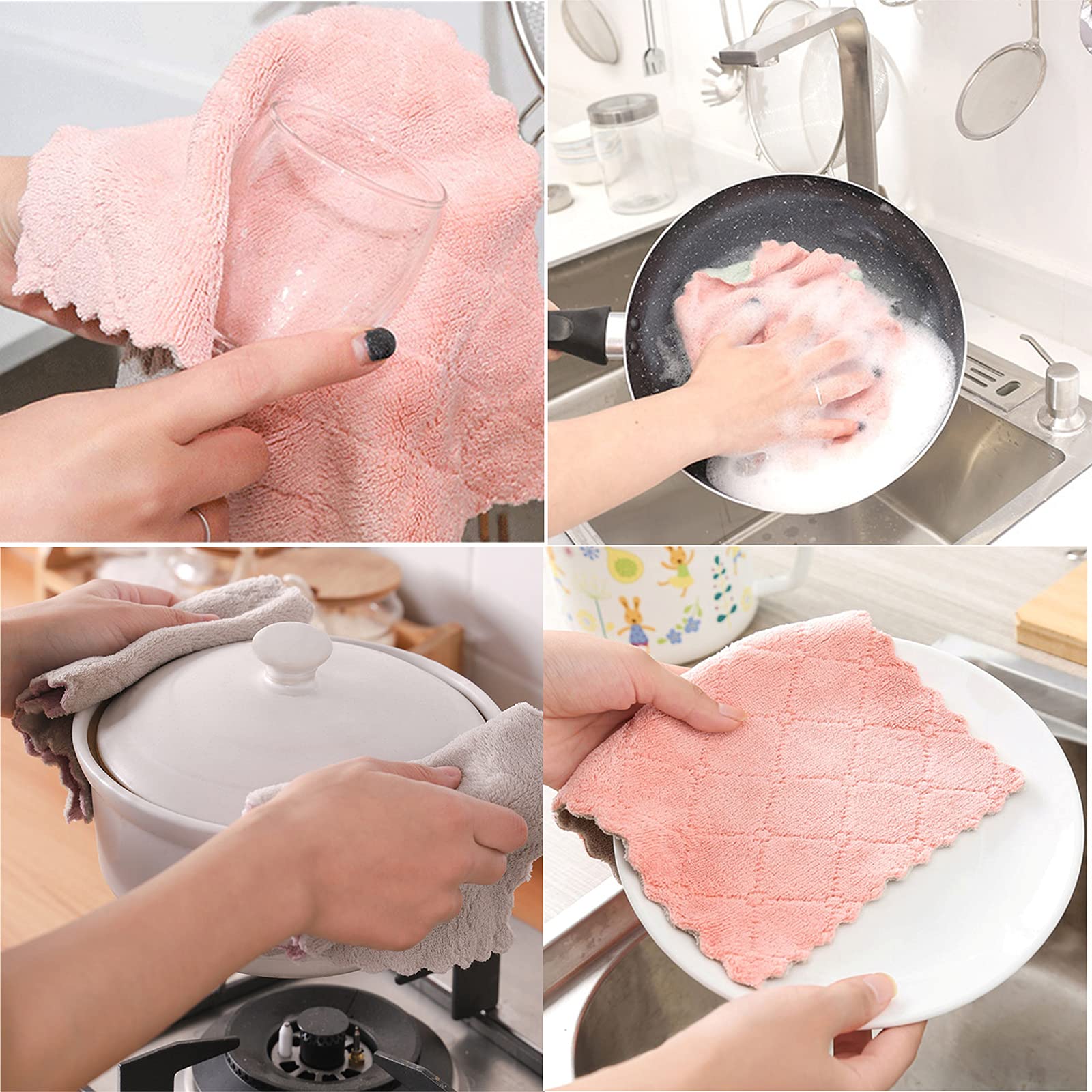 12 Pack Kitchen Towels Quick Dry Washcloths, Coral Velvet Dishtowels Multipurpose Reusable Cloths, Soft Tea Absorbent Cleaning Cloths Double-Sided