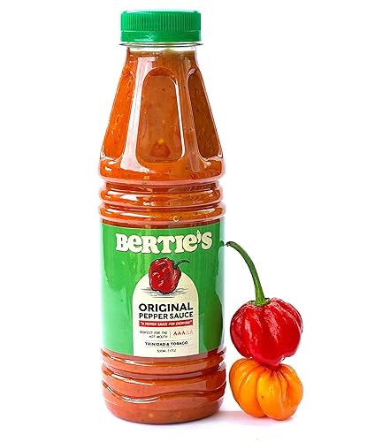 Bertie's Original Pepper Sauce (17 Oz/500ml) | Great Flavour And Heat | Made With Fresh Trinidad Moruga Red And Scotch Bonnet Yellow Peppers | Tastes