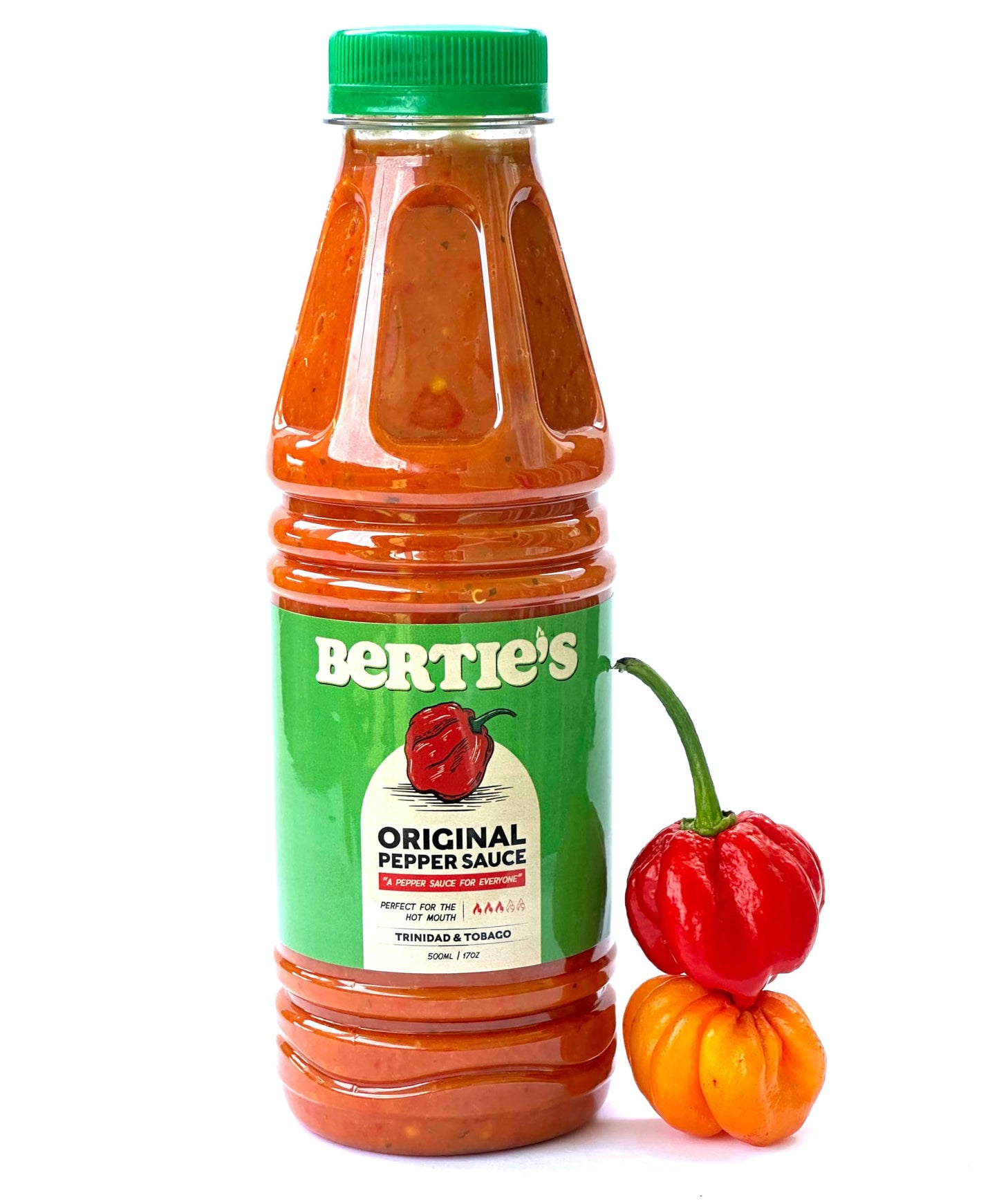 Bertie's Original Pepper Sauce (17 Oz/500ml) | Great Flavour And Heat | Made With Fresh Trinidad Moruga Red And Scotch Bonnet Yellow Peppers | Tastes