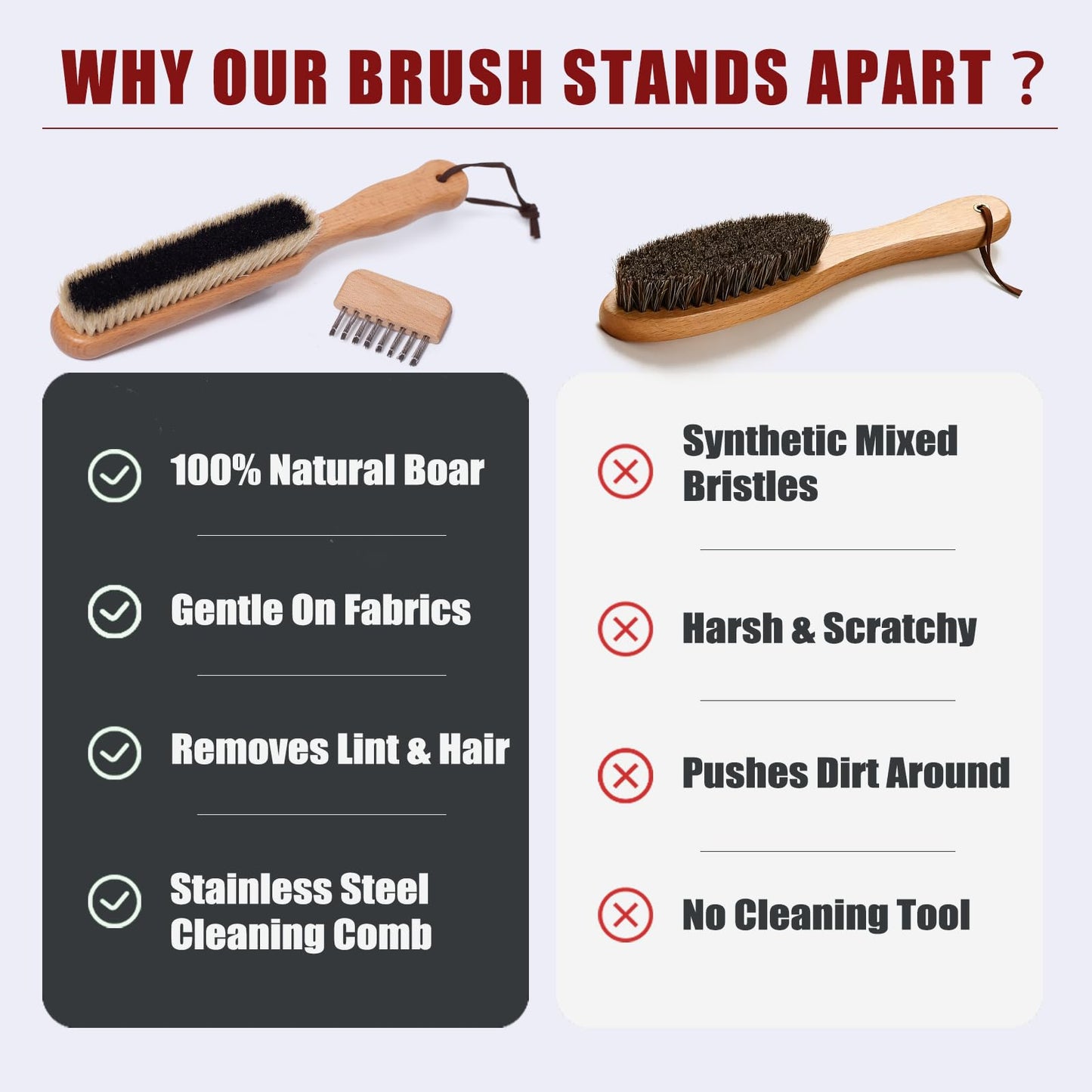 Lint Brushes for Clothes, 100% Natural Boar Bristle Clothes Brush for Cashmere & Wool, Cashmere Comb & Sweater Comb, Removes Fibres & Pet Hair