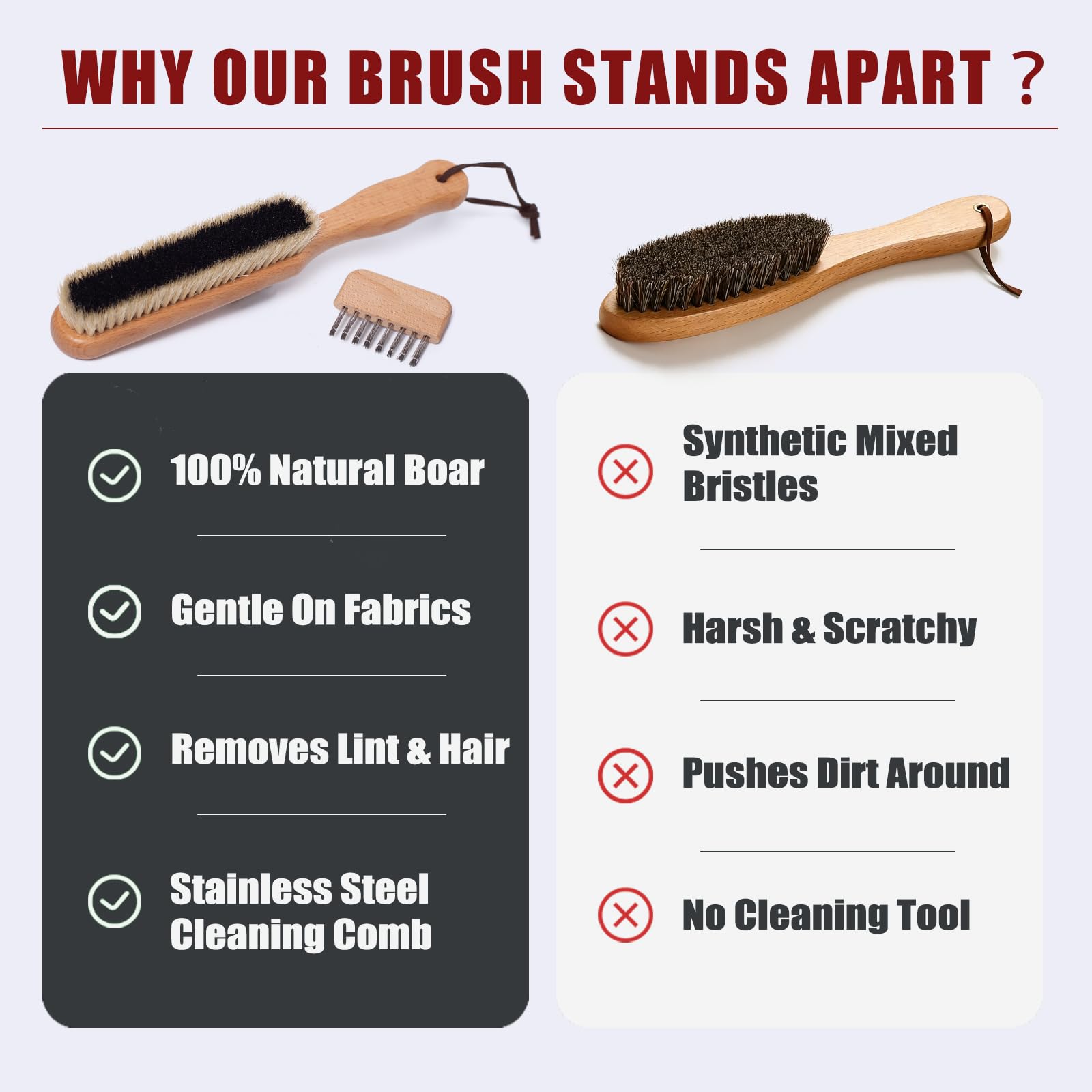 Lint Brushes for Clothes, 100% Natural Boar Bristle Clothes Brush for Cashmere & Wool, Cashmere Comb & Sweater Comb, Removes Fibres & Pet Hair