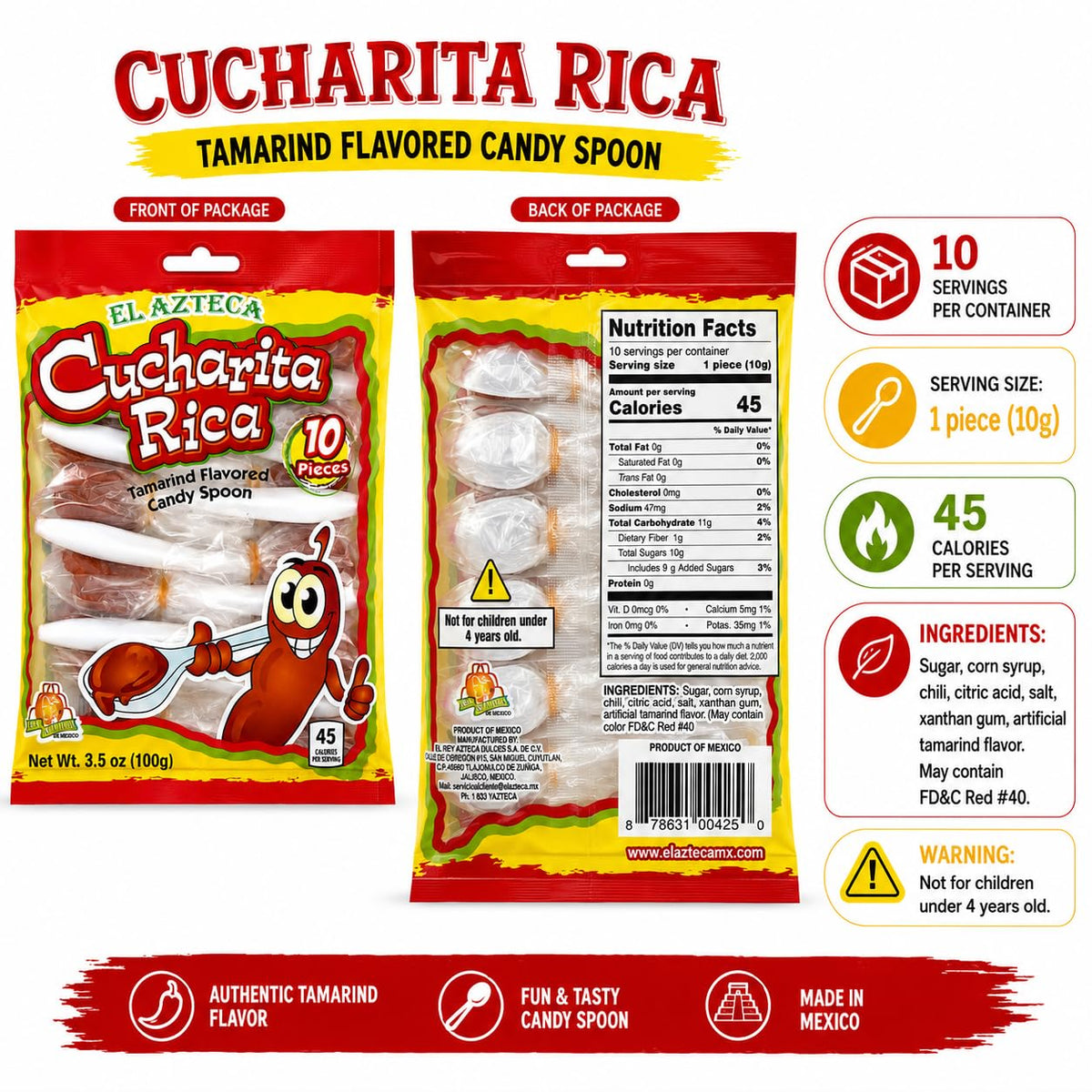 El Azteca Cucharita Rica Tamarind Flavored Candy Spoon, Chili Tamarind, 10 Pieces per Bag, Pack of 26, Made in Mexico
