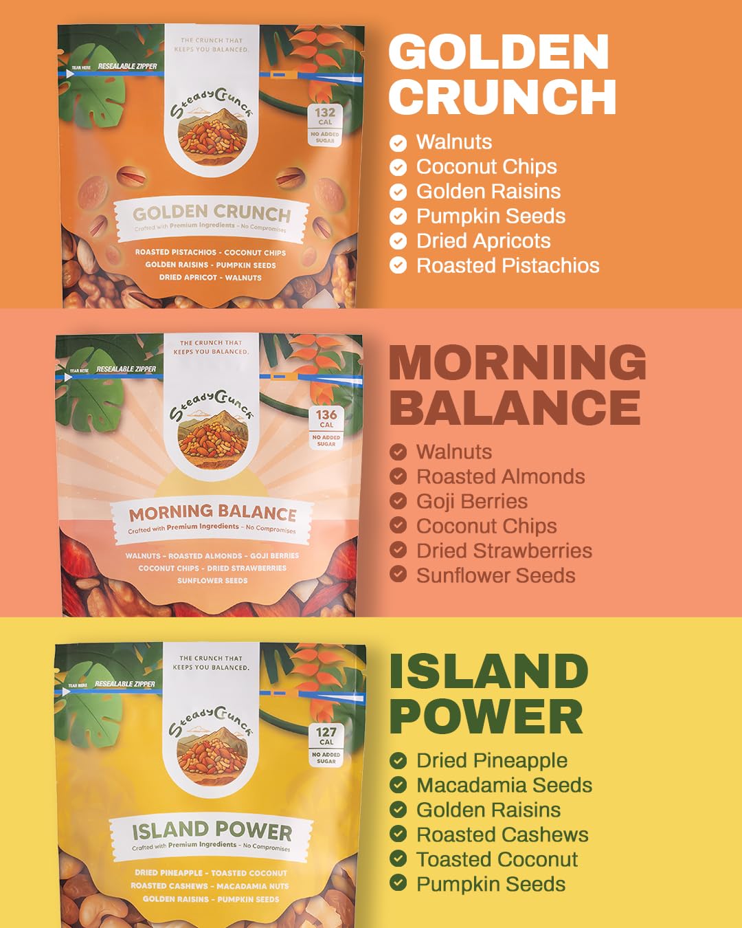 SteadyCrunch Clean Energy Trail Mix Variety Pack - Assorted Mixed Nuts & Dried Fruit - Non-GMO, Vegan & Gluten Free - Healthy Lunch Snacks & Snack