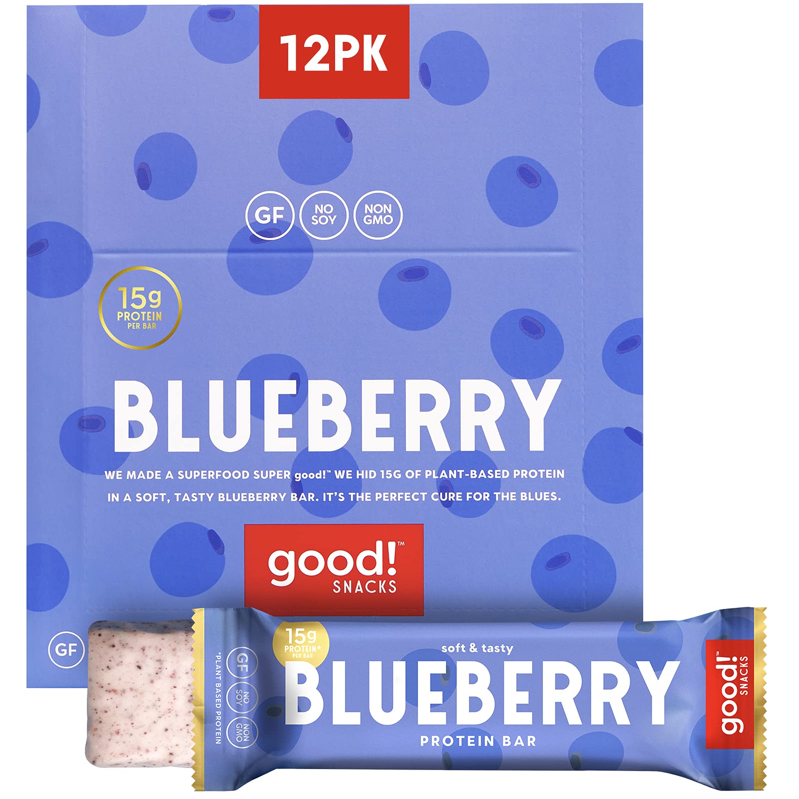good! Snacks Blueberry Vegan Protein Bar, Soy & Gluten Free, Plant Based, Low Sugar, 15g Clean Protein, Natural Healthy Superfood Snack, Kosher