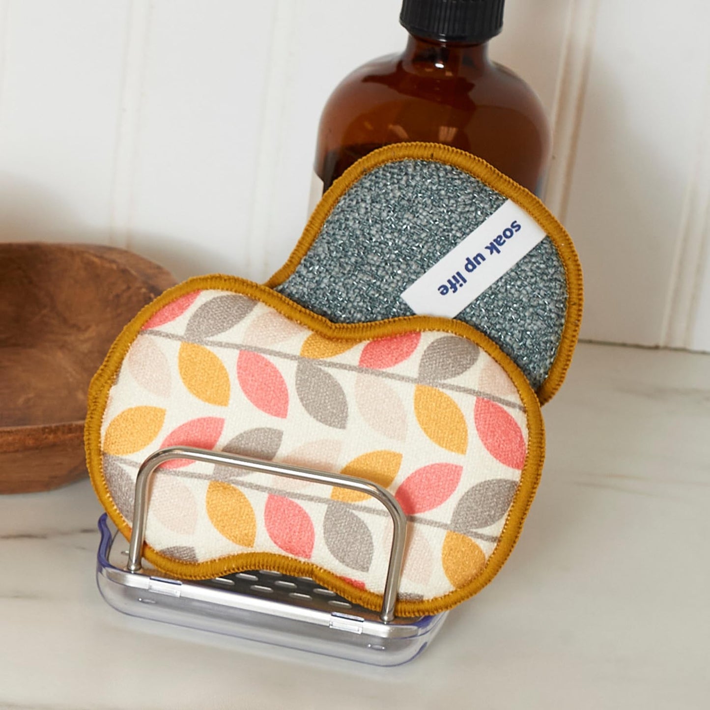 Bright Habits Sponge Set in Geo Leaf Gold - Set of 2 Super Absorbent Washable Reusable Cleaning Sponges Made from Recycled Materials, Durable Eco