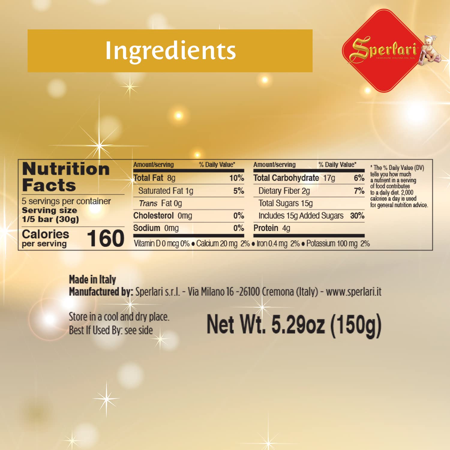 Sperlari Torrone Traditional Italian Candy - Gourmet Hard Nougat With Lemon, Vanilla & Crunchy Chopped Hazelnuts - Full Size Imported European Candy