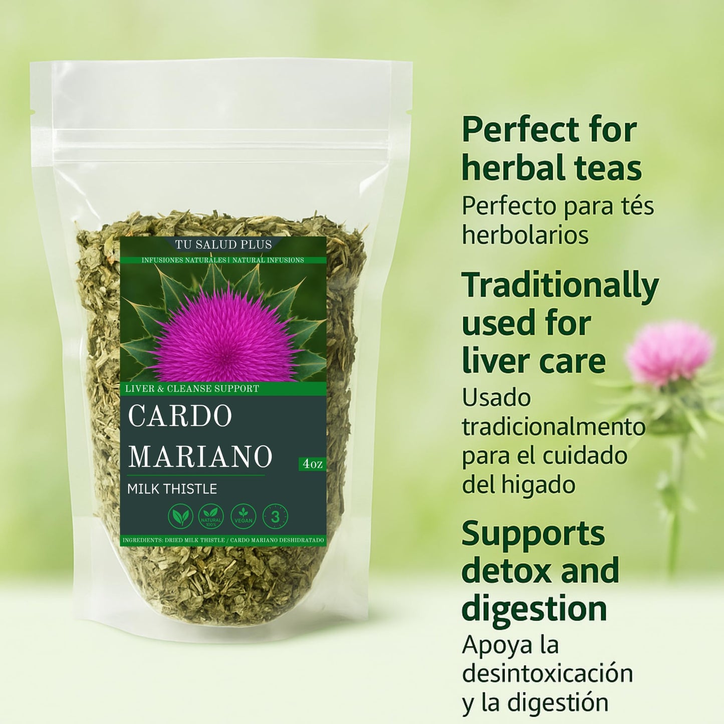 Tu Salud Plus 4oz Milk Thistle Liver Detox Supplement - Cardo Mariano Extract for Liver Cleanse, Supports Healthy Liver Function and Detoxification