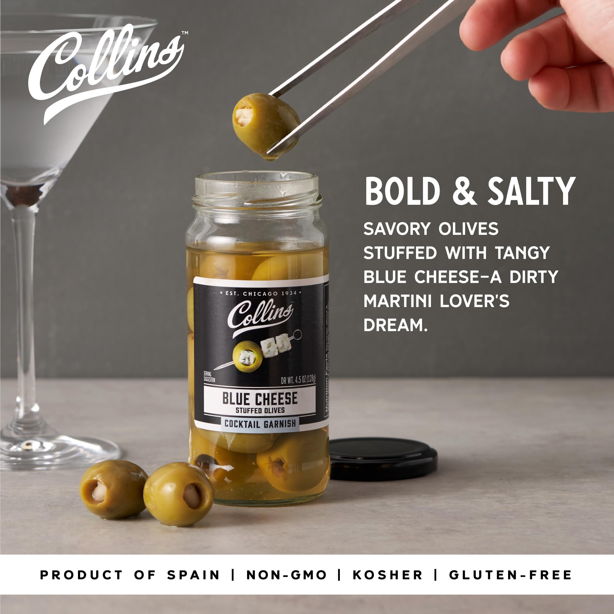Collins Gourmet Blue Cheese Olives, Premium Stuffed-Cheese Garnish for Cocktails, Martinis, Bloody Marys, Snack Trays, Charcuterie, and Salads