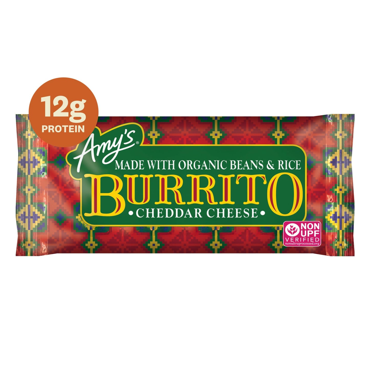 Amy's Frozen Meals, Cheddar Cheese Burrito with Organic Rice and Beans, Microwave Meals, 24 Oz 4 Pack