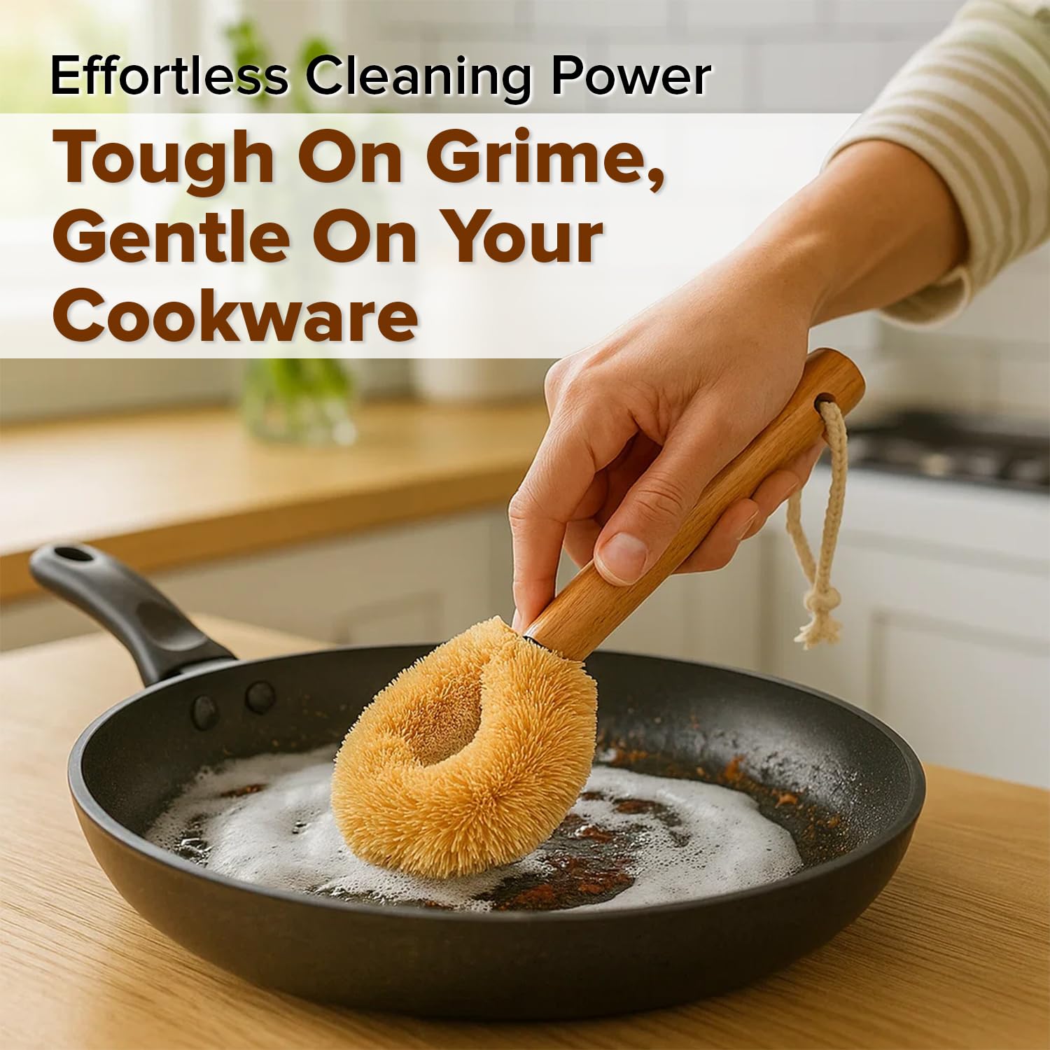Coconut Fiber Dish Brush with Handle - Natural Dish Scrubber Brush for Kitchen Sink & Pots - Eco-Friendly Dish Cleaning Brush with Built-in Scraper
