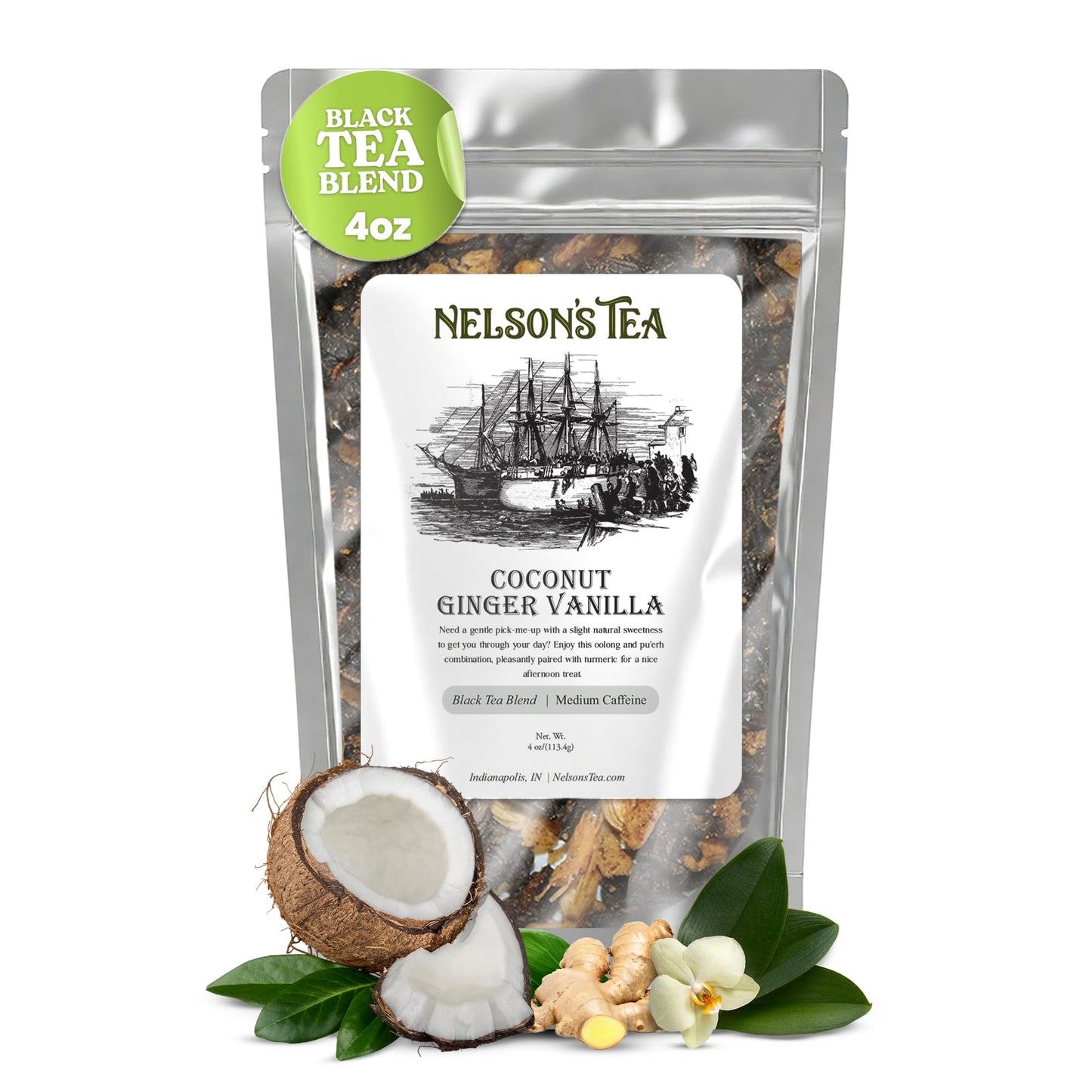 Nelson's Tea - Coconut Ginger Vanilla - Oolong tea, pu'erh tea, cardamom seeds, ginger root, turmeric, cinnamon, ginger, clove, nutmeg, allspice