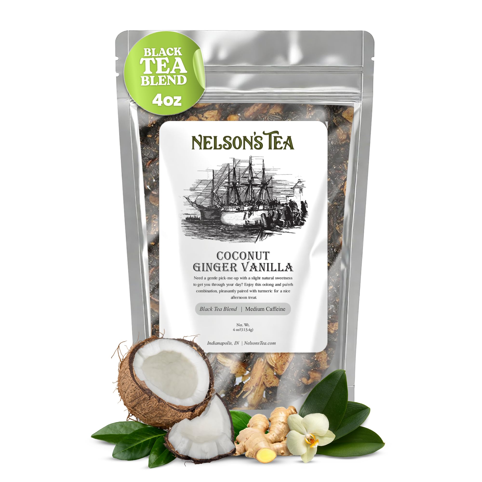 Nelson's Tea - Coconut Ginger Vanilla - Oolong tea, pu'erh tea, cardamom seeds, ginger root, turmeric, cinnamon, ginger, clove, nutmeg, allspice
