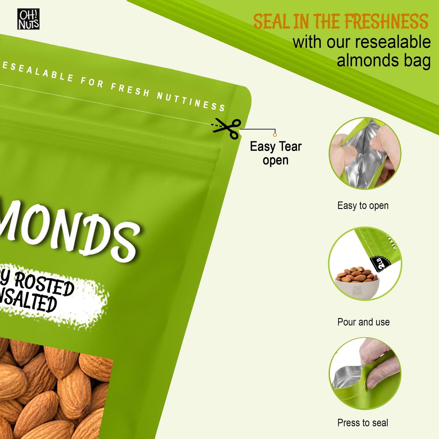 Oh! Nuts Almonds - Dry Roasted Unsalted Almonds - 2 lb - No Salt, No Oil All-Natural Protein - Packed in New York Zip-Seal Bag for Exceptional