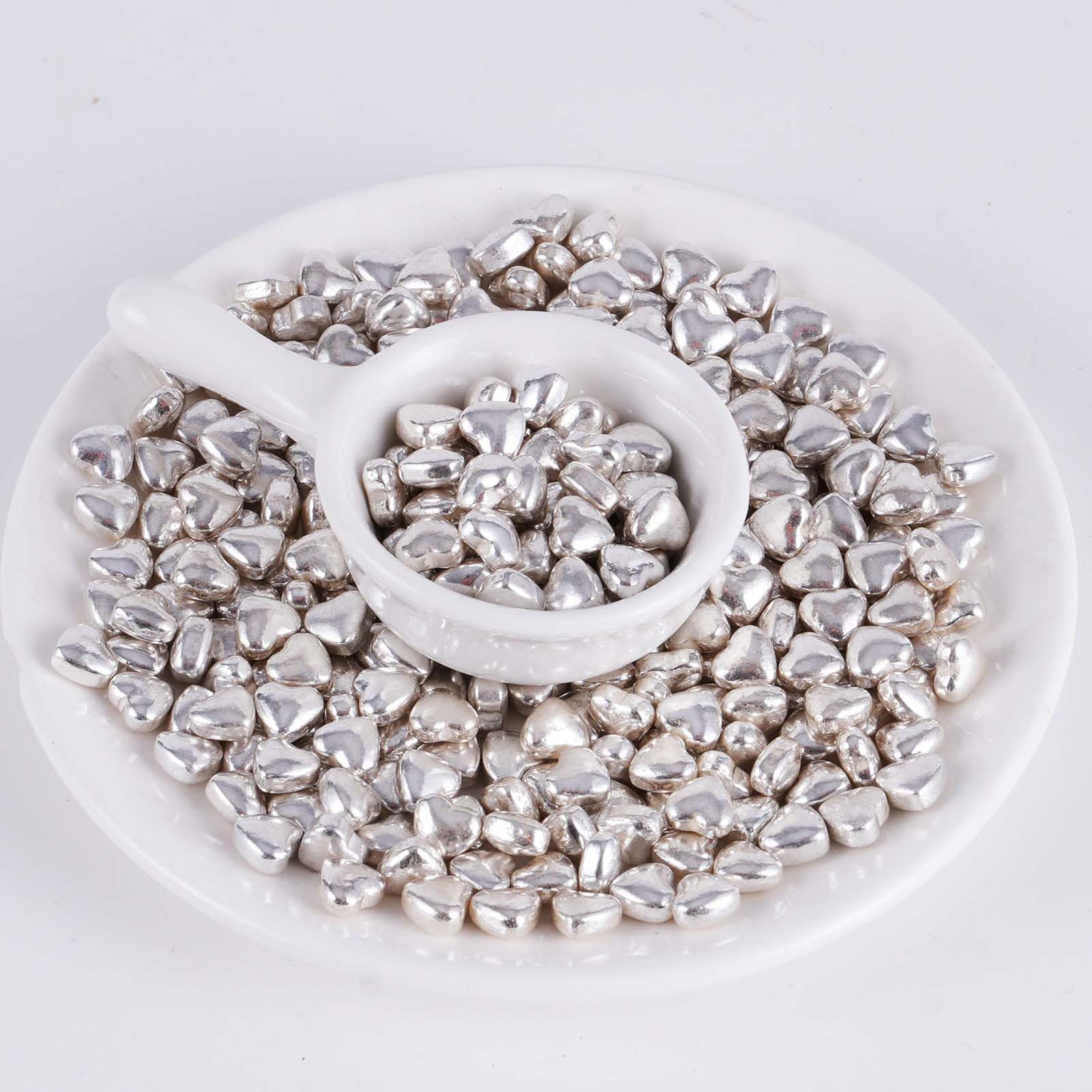 Kasvan Silver Heart Shapes Sprinkles - Edible Candy Pearls 100g/3.58 Oz, Mix Size, Baking Cake Decorations, Ice Cream Toppings and Cookie Decorating