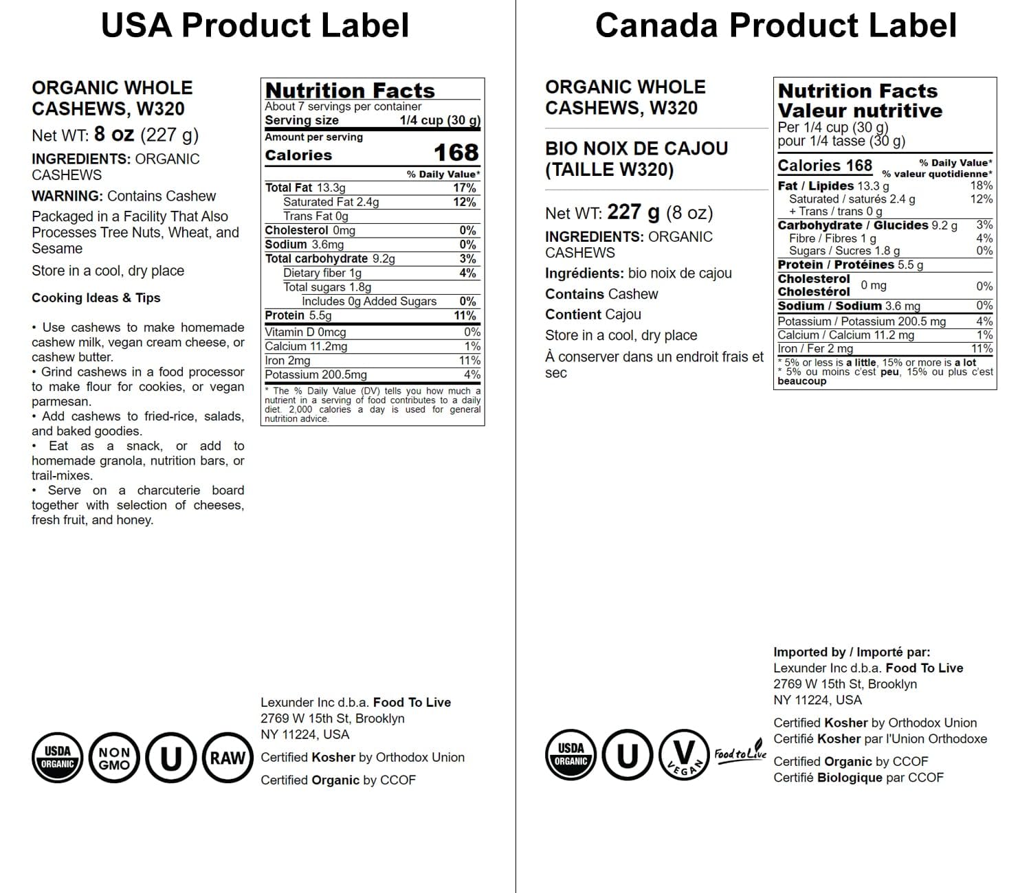 Food to Live - Organic Cashews, 8 Ounces Whole, Unsalted, Non-GMO, Kosher, Raw, Vegan, Bulk