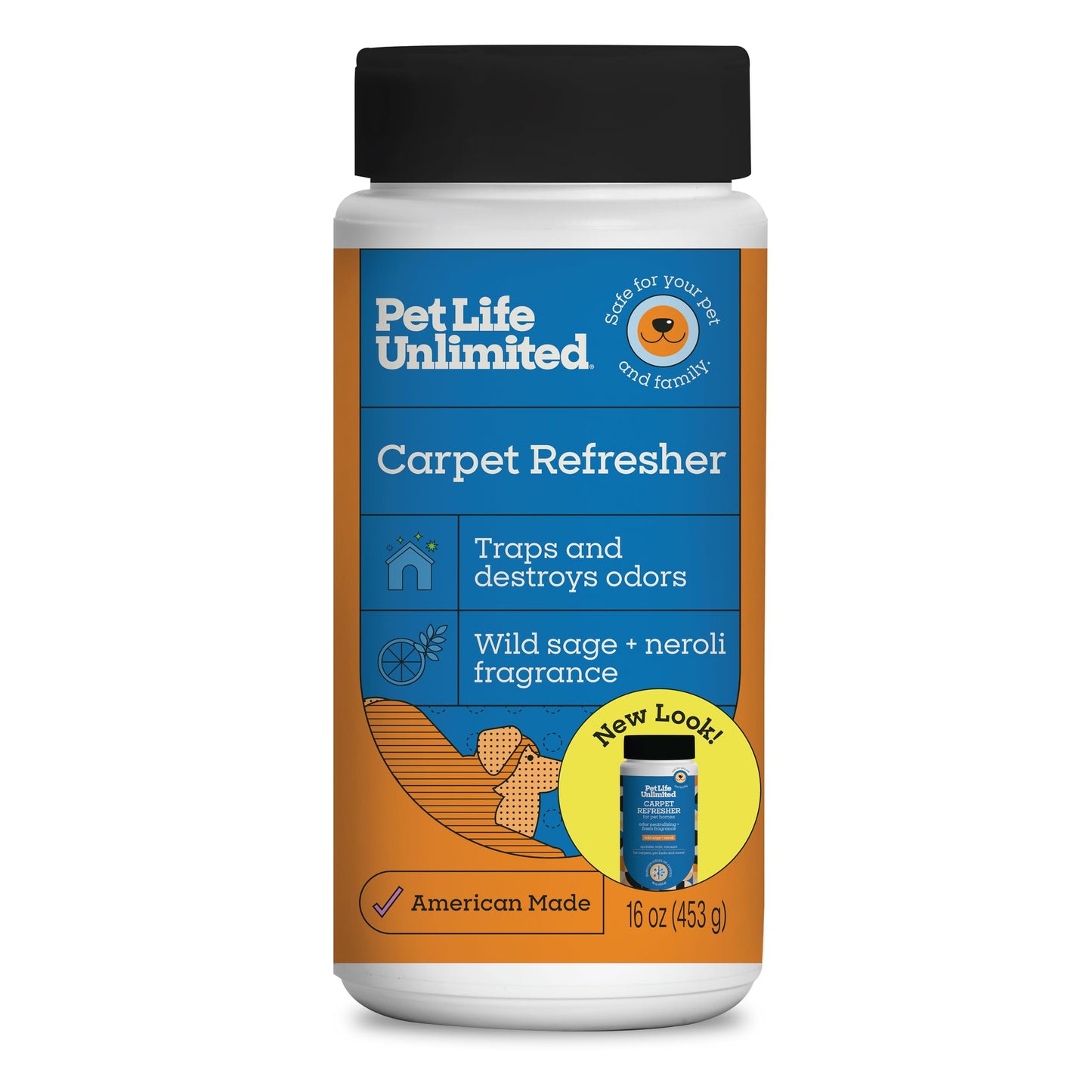 Pet Life Unlimited Carpet Deodorizer Powder, 16 oz, Strong Pet Odor Eliminator & Carpet Freshener, Plant-Based Wild Sage & Neroli Scent, Pet Safe