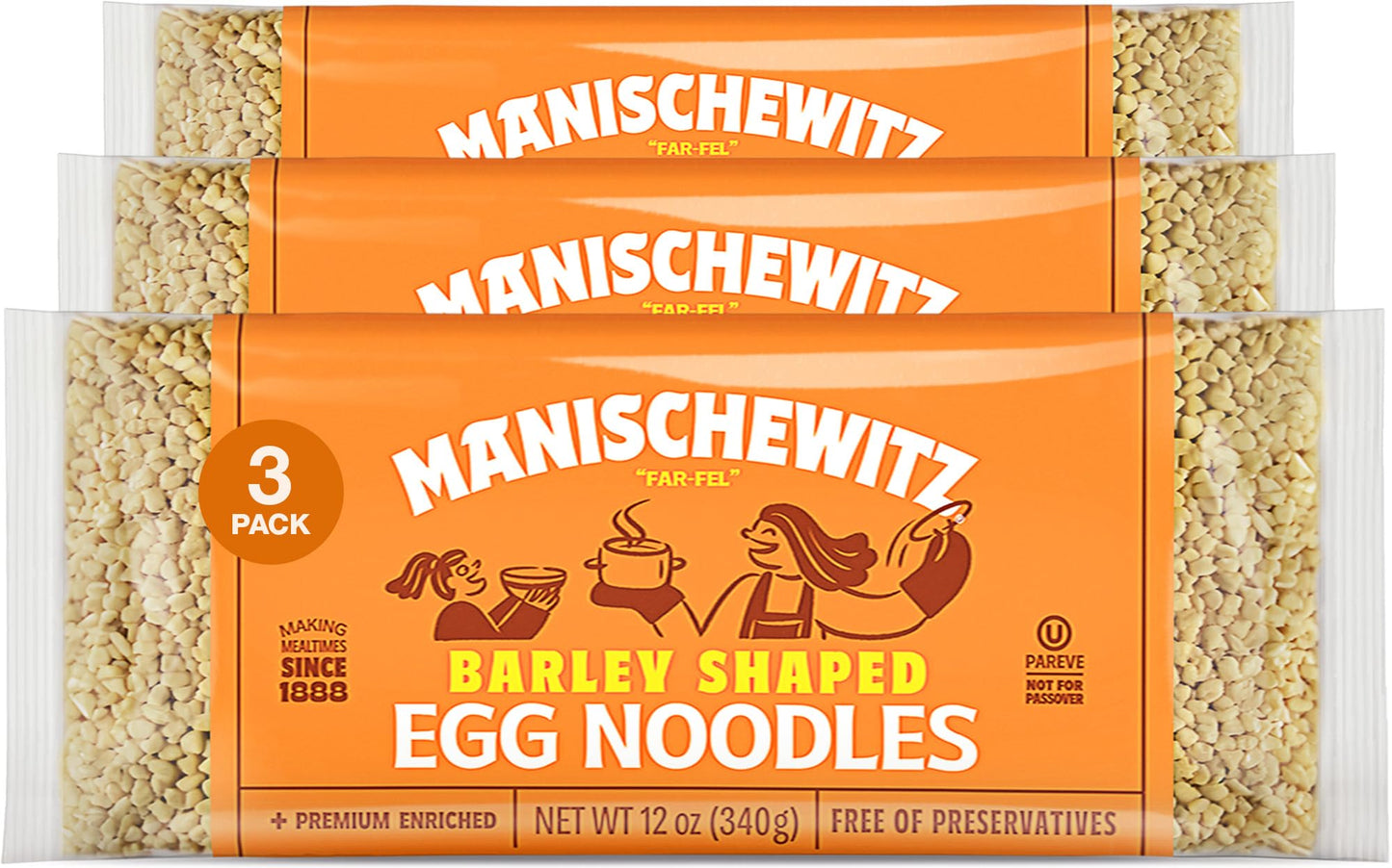 Manischewitz Barley Shaped Enriched Egg Noodles, 12 OZ (Pack of 3) Makes a Great Homestyle Farfel, No Preservatives, Low Sodium