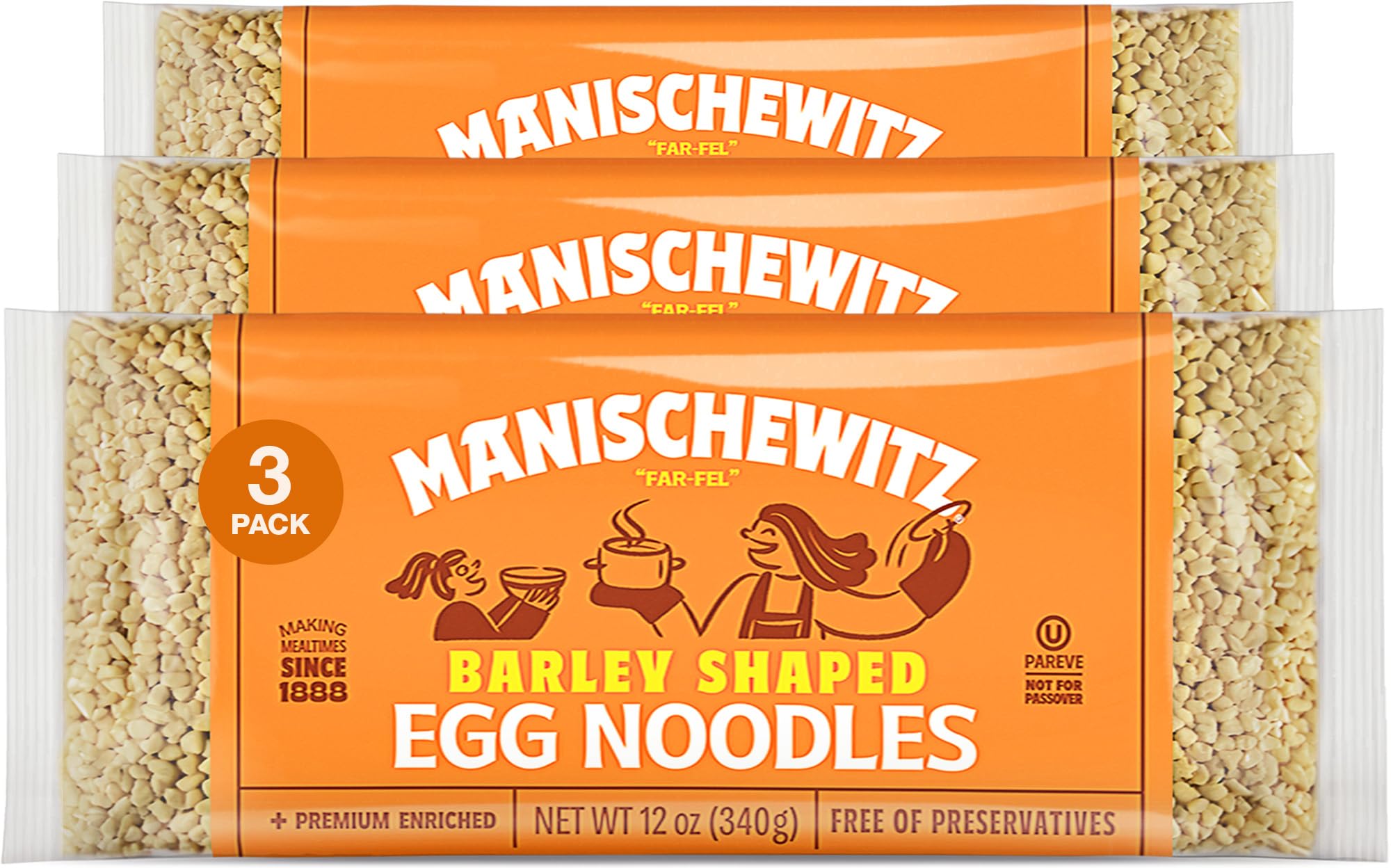 Manischewitz Barley Shaped Enriched Egg Noodles, 12 OZ (Pack of 3) Makes a Great Homestyle Farfel, No Preservatives, Low Sodium