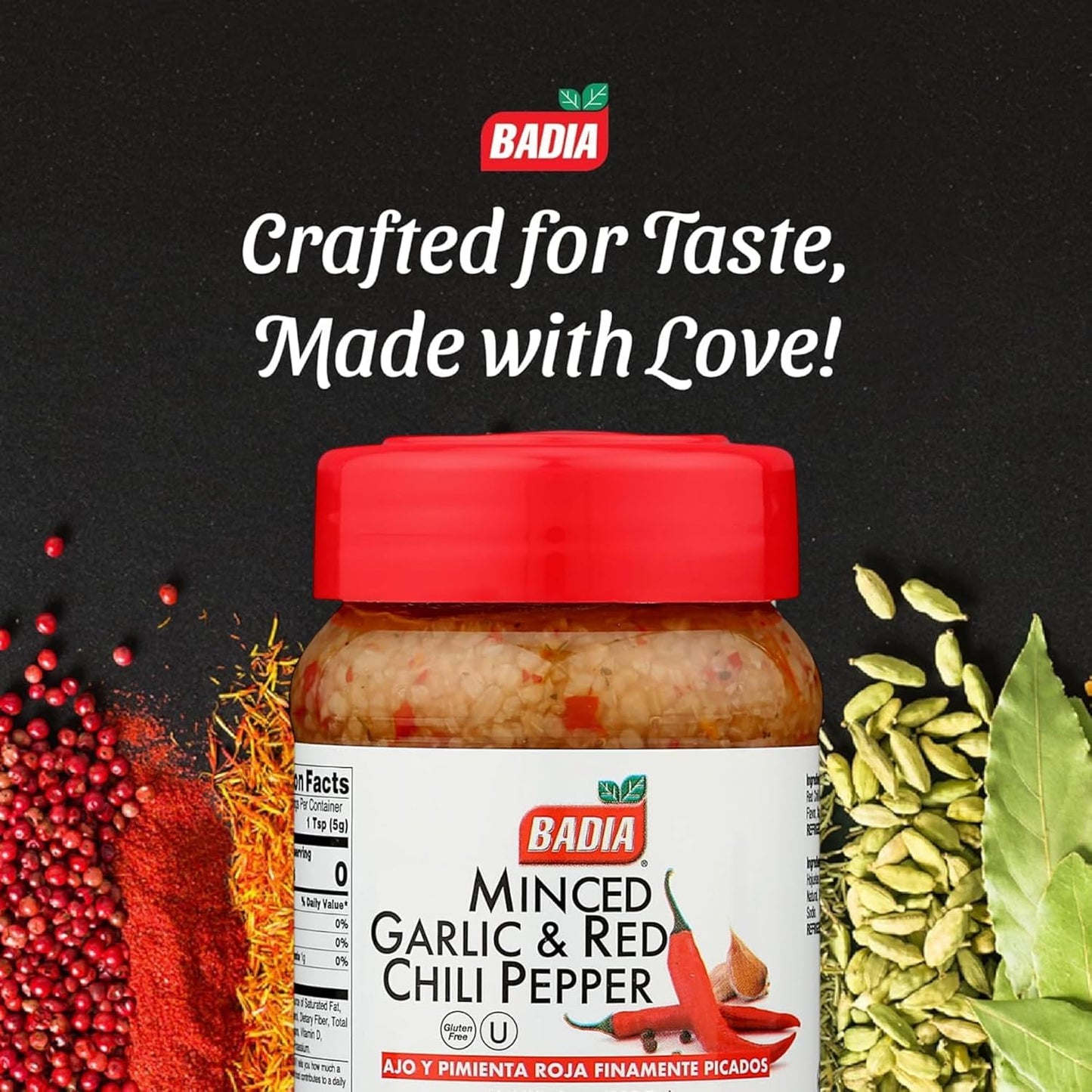 Badia Minced Garlic & Red Chili Pepper 8 oz - Spicy Savory Blend with Garlic and Crushed Red Pepper Flakes
