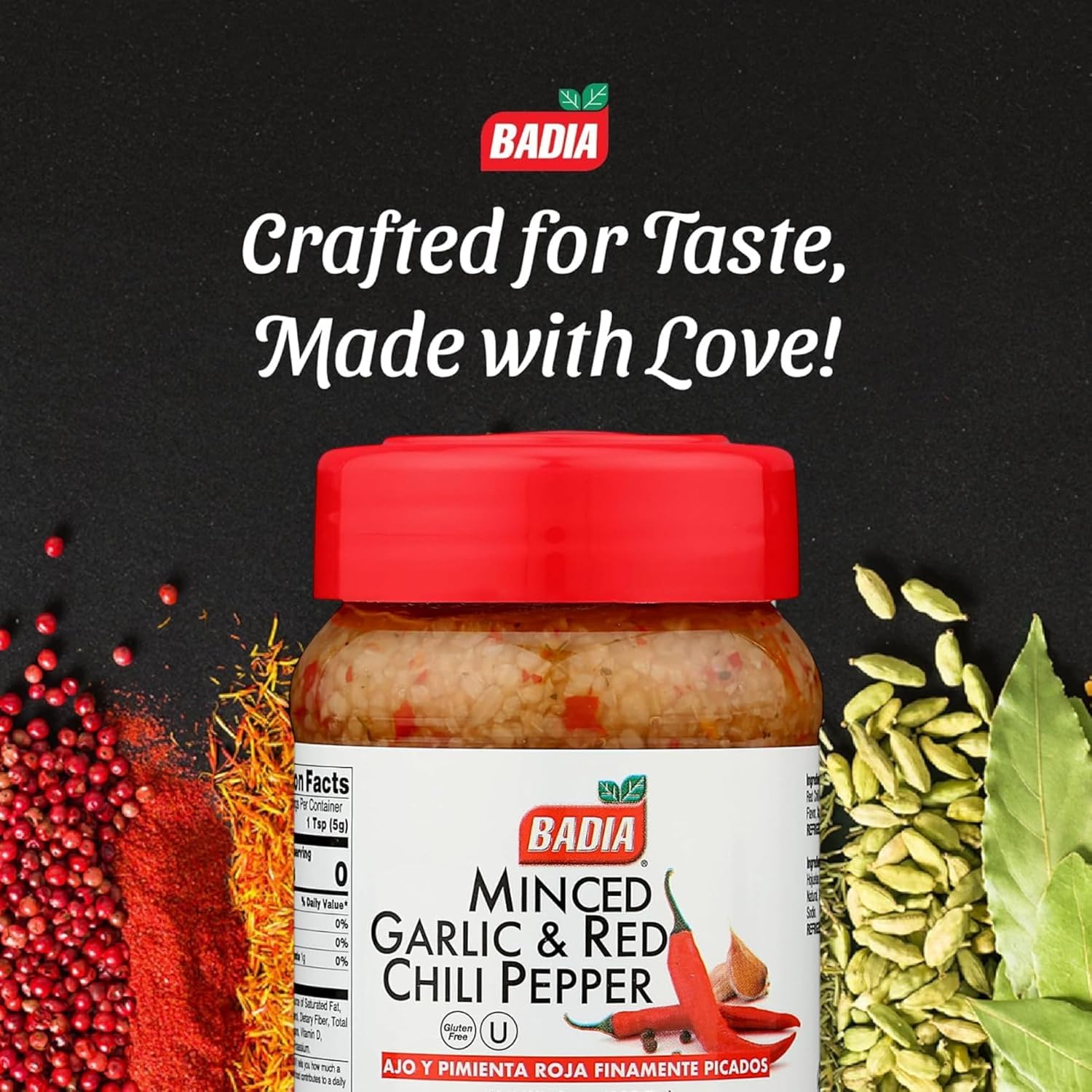 Badia Minced Garlic & Red Chili Pepper 8 oz - Spicy Savory Blend with Garlic and Crushed Red Pepper Flakes