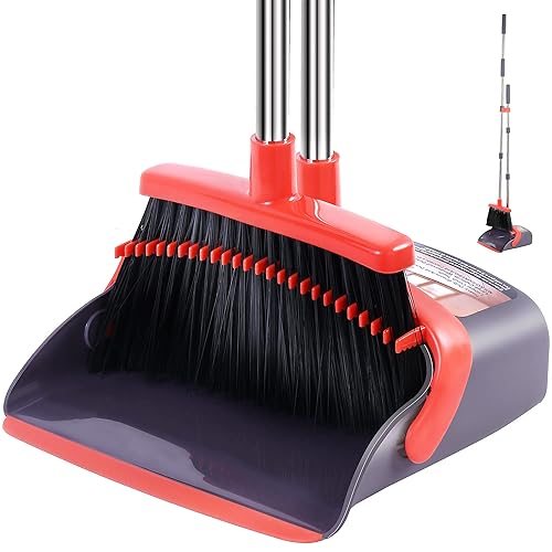 Broom with Dustpan Combo Set Broom and Dustpan Set Dust Pan with Stainless Steel Long Handle, Brooms with 5-Layer Soft Bristles for Sweeping Office