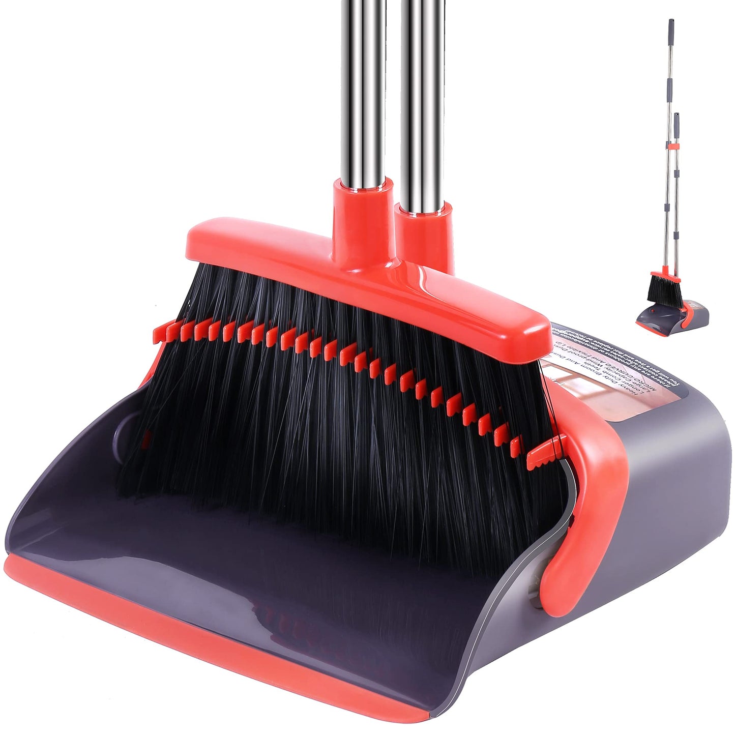 Broom with Dustpan Combo Set Broom and Dustpan Set Dust Pan with Stainless Steel Long Handle, Brooms with 5-Layer Soft Bristles for Sweeping Office