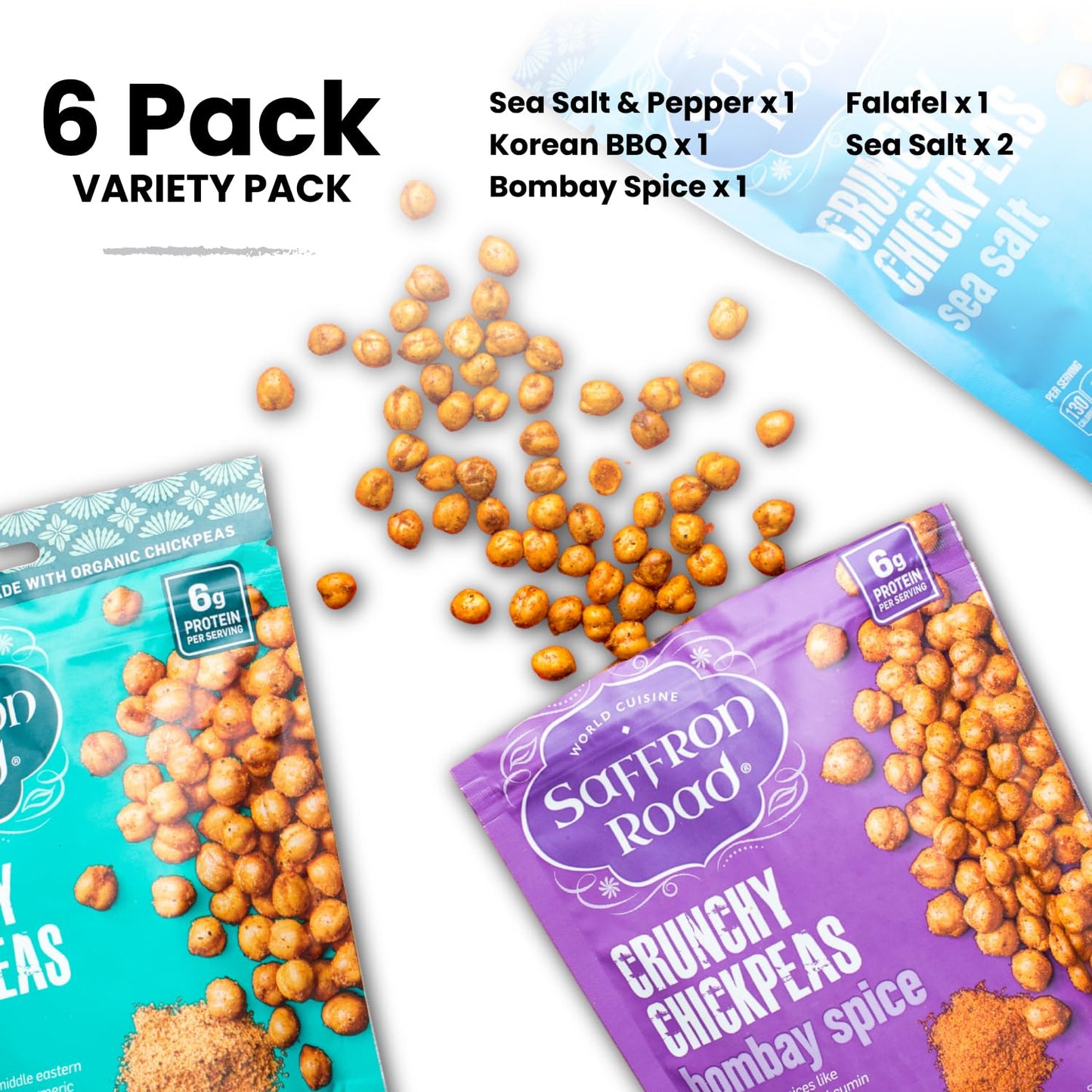 Saffron Road Crunchy Bombay Spice, Korean BBQ, Sea Salt & Cracked Pepper Roasted Chickpeas | High Protein Snacks | Sugar and Gluten-free | Vegan High