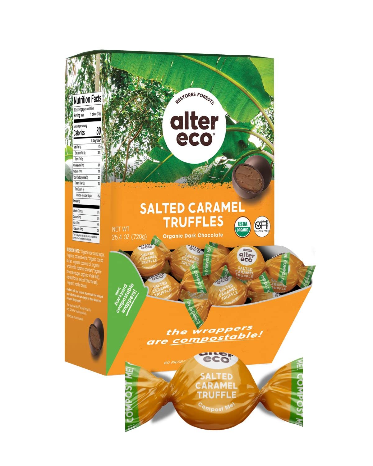 Alter Eco | Salted Caramel Truffles | 58% Pure Dark Cocoa, Fair Trade, Organic, Non-GMO, Gluten-Free Dark Chocolate Truffles | 60 Truffles