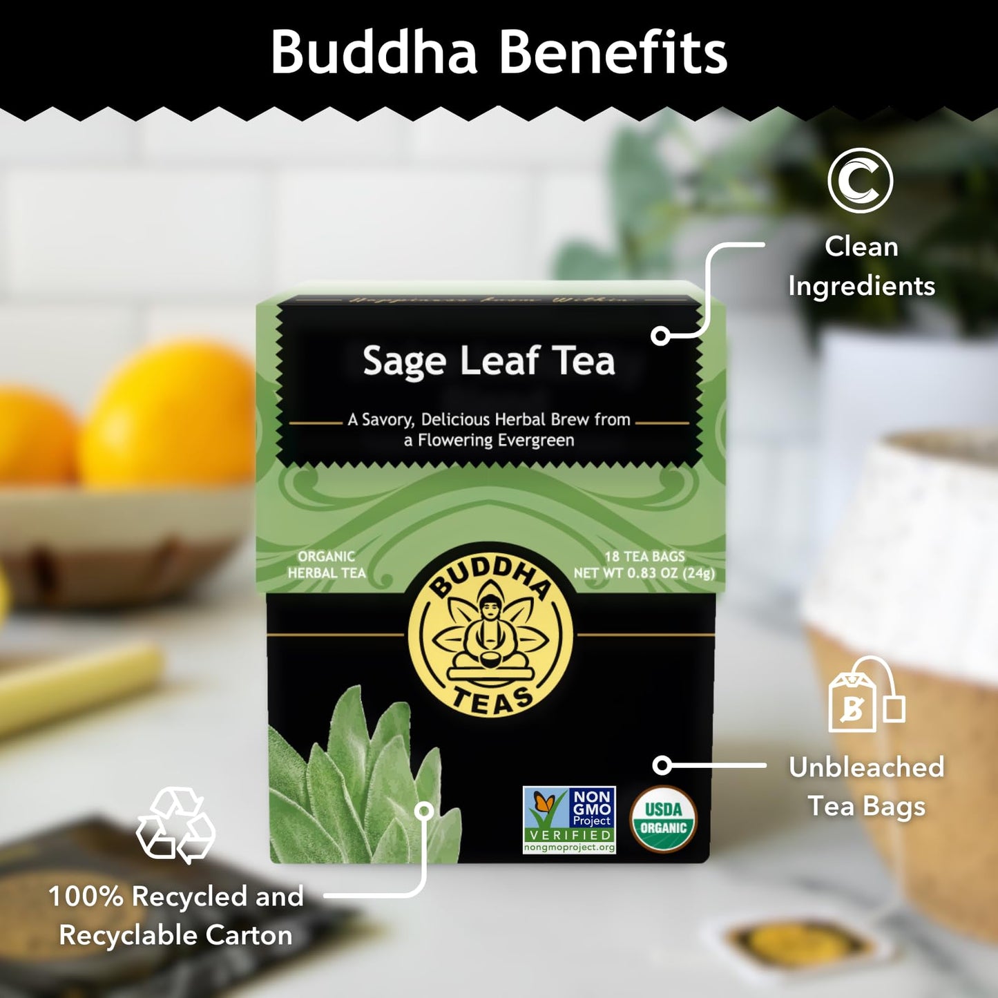 Buddha Teas - Organic Sage Leaf Tea - Herbal Tea - With Vitamins & Minerals - Clean Ingredients - Caffeine Free - OU Kosher - 18 Bleach-Free Tea Bags