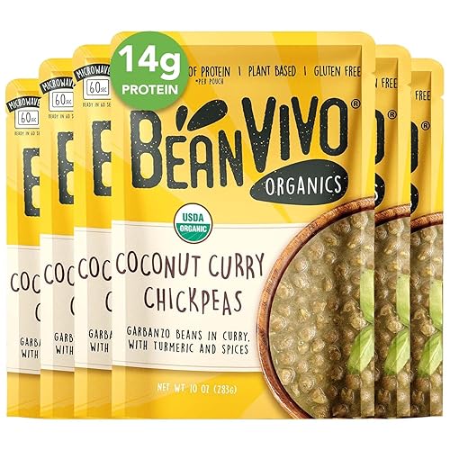 BeanVIVO (Pack of 6) Organics 14g Plant based Protein Coconut Curry Chickpeas - Good Source of Fiber - Nutritious & Microwave Meals - Gluten-Free