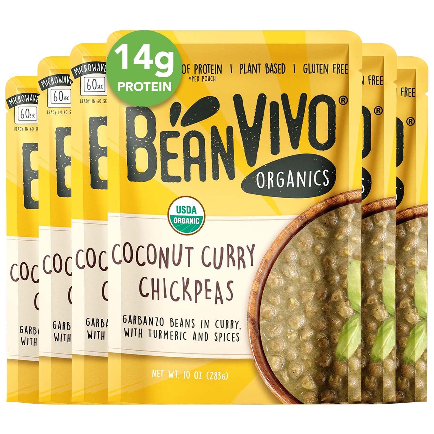 BeanVIVO (Pack of 6) Organics 14g Plant based Protein Coconut Curry Chickpeas - Good Source of Fiber - Nutritious & Microwave Meals - Gluten-Free