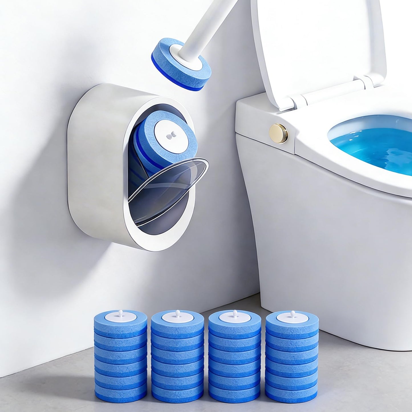 SOPAMI Disposable Toilet Cleaning System, Toilet Wand Kit with 16 Refills, 17-Inch Handle, Wall-Mounted or Floor-Standing Holder for Routine Bathroom