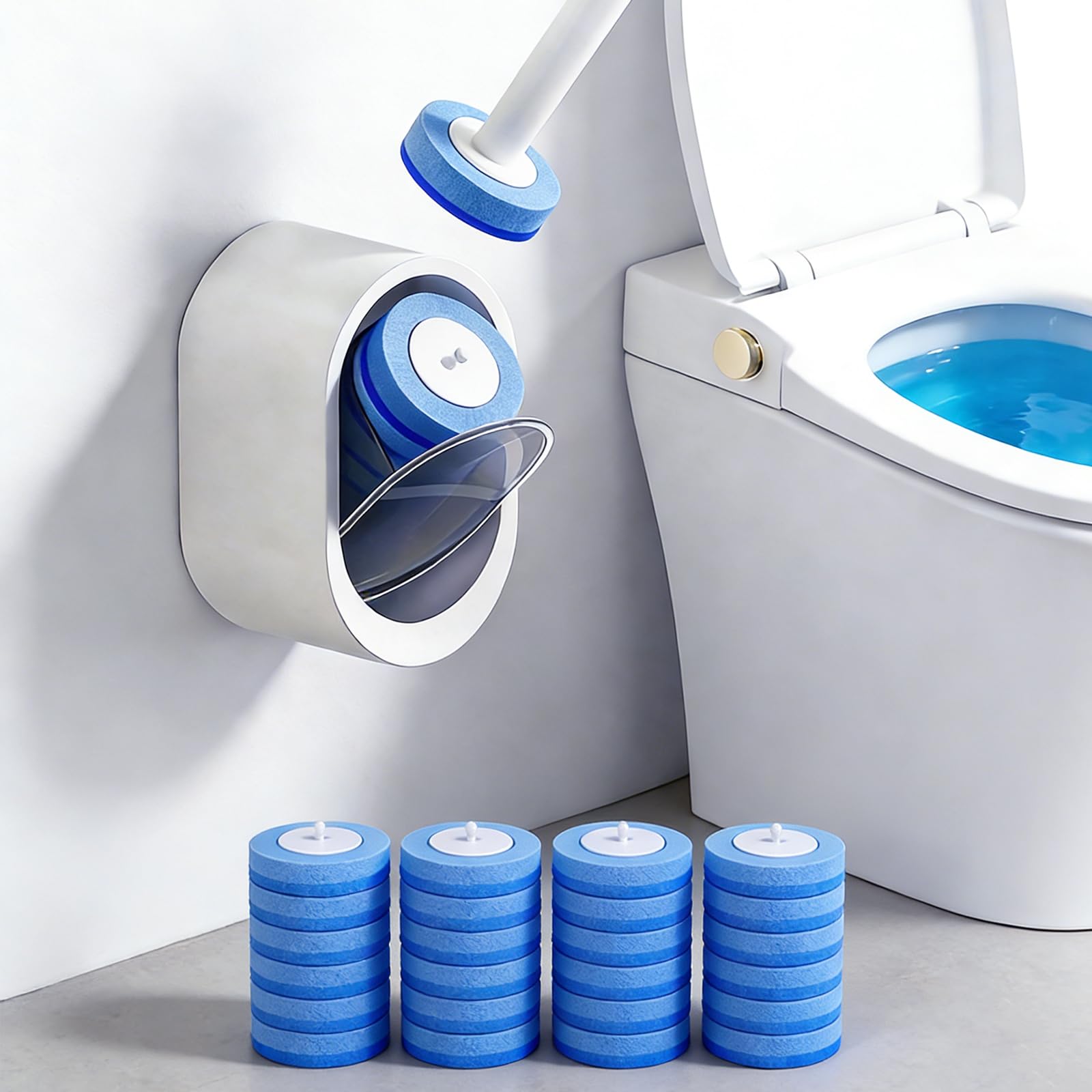 SOPAMI Disposable Toilet Cleaning System, Toilet Wand Kit with 16 Refills, 17-Inch Handle, Wall-Mounted or Floor-Standing Holder for Routine Bathroom