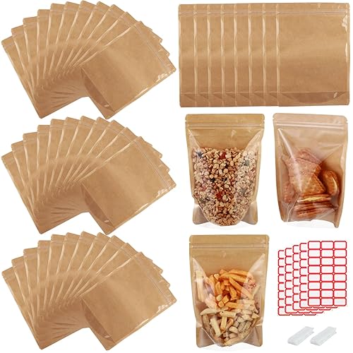 150-pack 4.7" x 7.9" Stand Up Kraft Paper Mylar Bags with Clear Window Resealable Foil Pouches for Food Storage Smell Proof Edible Packaging Bag