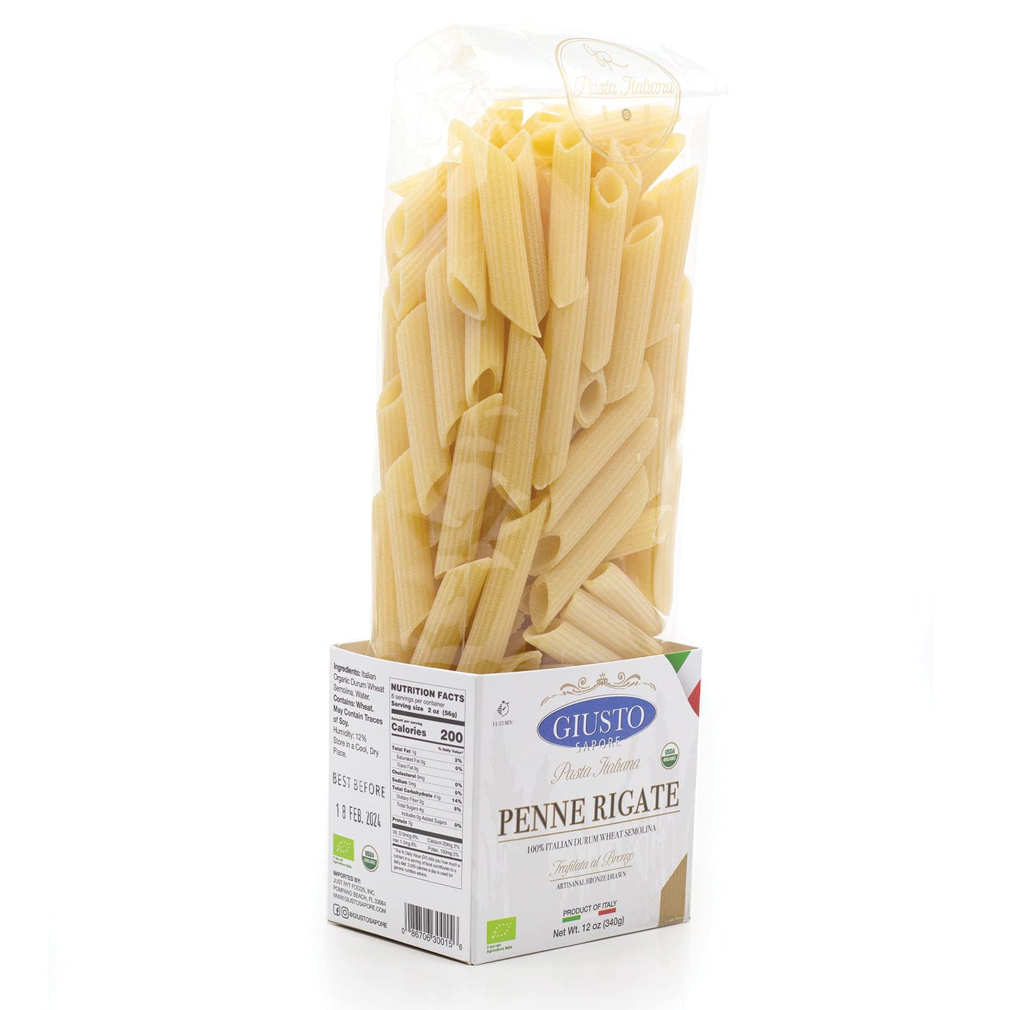Giusto Sapore Imported Artisanal Penne Rigate Italian Pasta, Organic Bronze Drawn, 340G