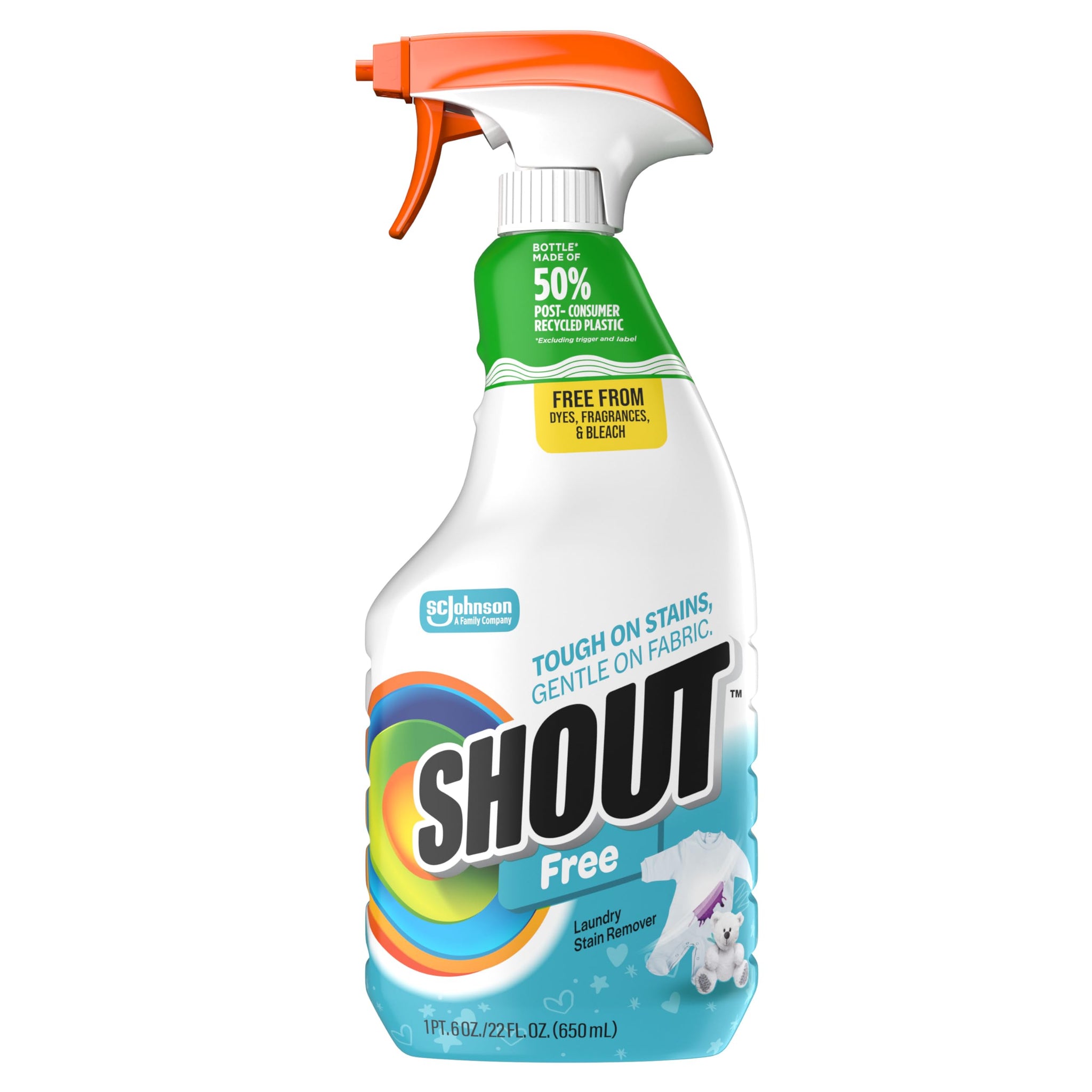 Shout Free Laundry Stain Remover Spray, Active Enzyme Formula is Fragrance, Bleach, and Dye Free, Removes Everyday Stains including Baby Stains - 22oz