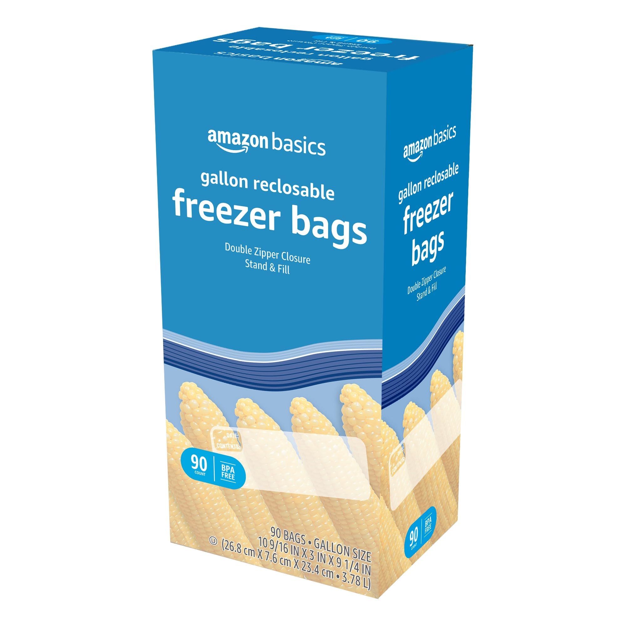 Amazon Basics Reclosable Freezer Gallon Size Bags with Double Zipper Seal, Stand-Up Bottom, BPA Free, 90 Count (Previously Solimo)