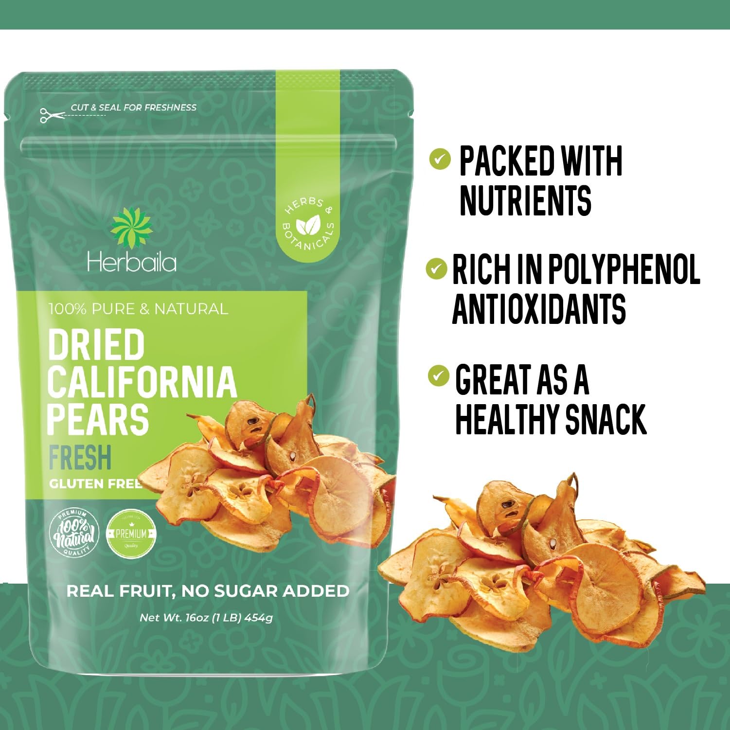 Herbaila Dried Pears No Sugar Added 16 oz. Dried Fancy Pears Fresh Fruit, Dehydrated California Grown Pears, Unsweetened Dried Pears. All Natural, Non