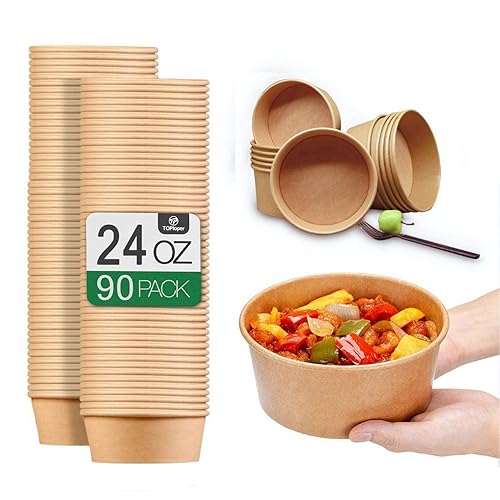 TOPtoper 24 Oz Large Paper Bowls?WITHOUT LIDS? 90 Pack Disposable Soup Bowls Plastic Free Party Supplies for Hot/Cold Food, Soup (24 OZ)