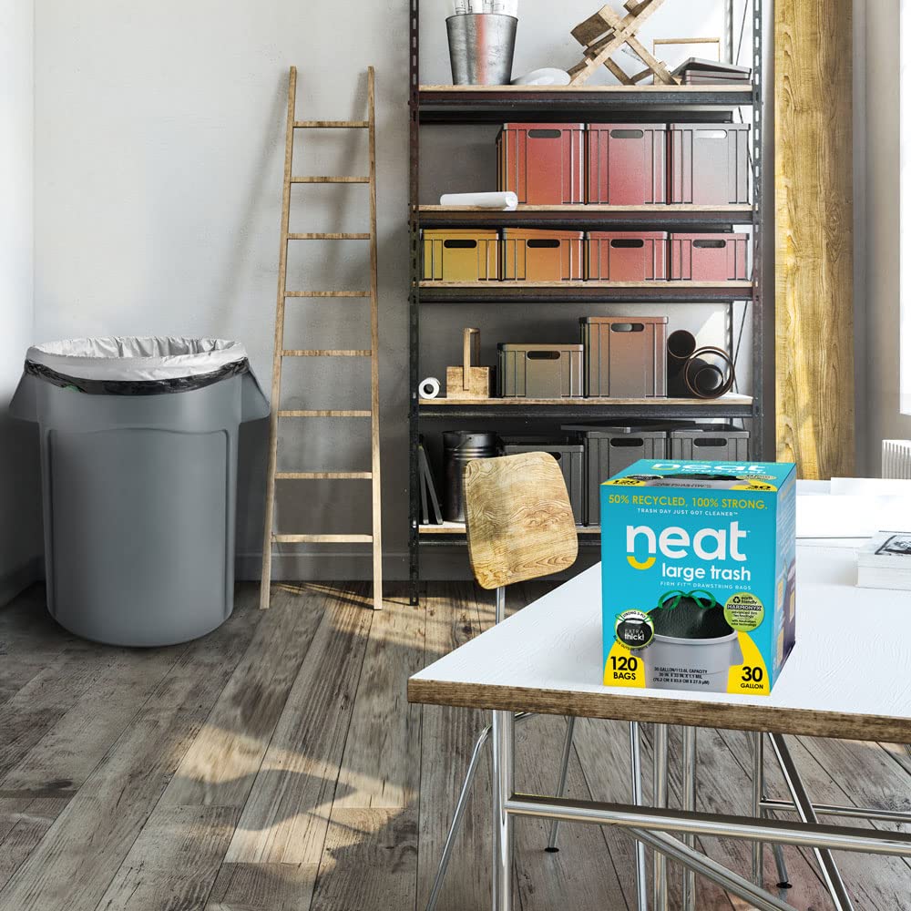 Neat Tall Kitchen 30 Gallon Drawstring Trash Bags - (MEGA 120 COUNT) - Triple Ply Fortified, Eco-Friendly 50% Recycled Material, Neutralize+ Odor