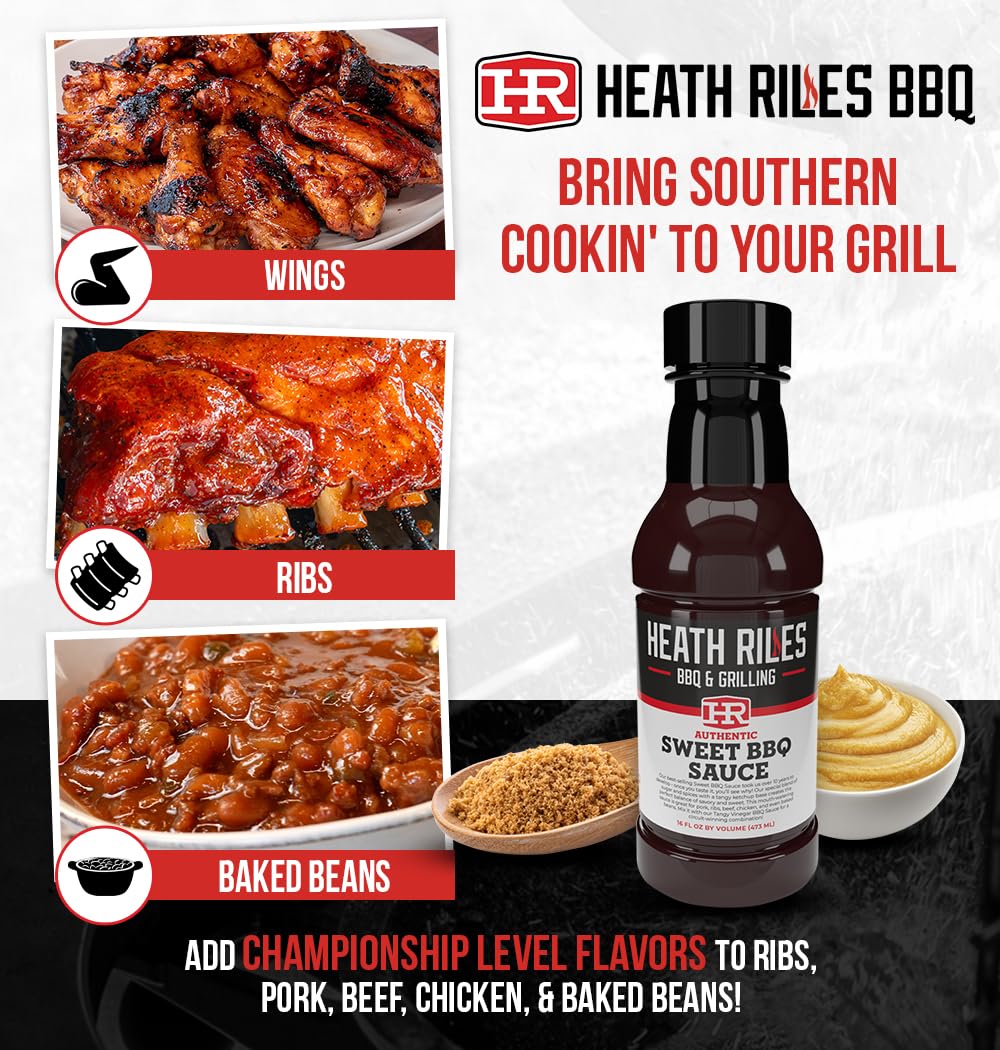 Heath Riles BBQ Sauces, Sweet BBQ Sauce, Pit Master Barbecue Sauce For Meat, Marinades, Dressings, 3 bottles,16 oz.