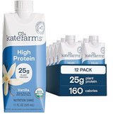 KATE FARMS Organic High Protein Vanilla Nutrition Shake, 25g Protein, 6g Fiber, 27 Vitamins and Minerals, 0g Sugar, Protein Drink, 11 oz (12 Pack)