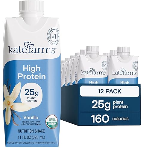 KATE FARMS Organic High Protein Vanilla Nutrition Shake, 25g Protein, 6g Fiber, 27 Vitamins and Minerals, 0g Sugar, Protein Drink, 11 oz (12 Pack)
