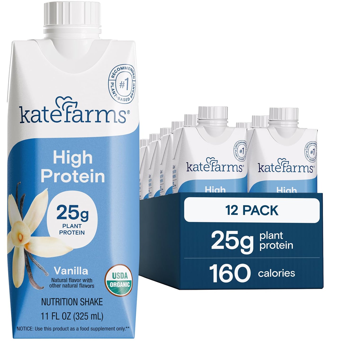 KATE FARMS Organic High Protein Vanilla Nutrition Shake, 25g Protein, 6g Fiber, 27 Vitamins and Minerals, 0g Sugar, Protein Drink, 11 oz (12 Pack)
