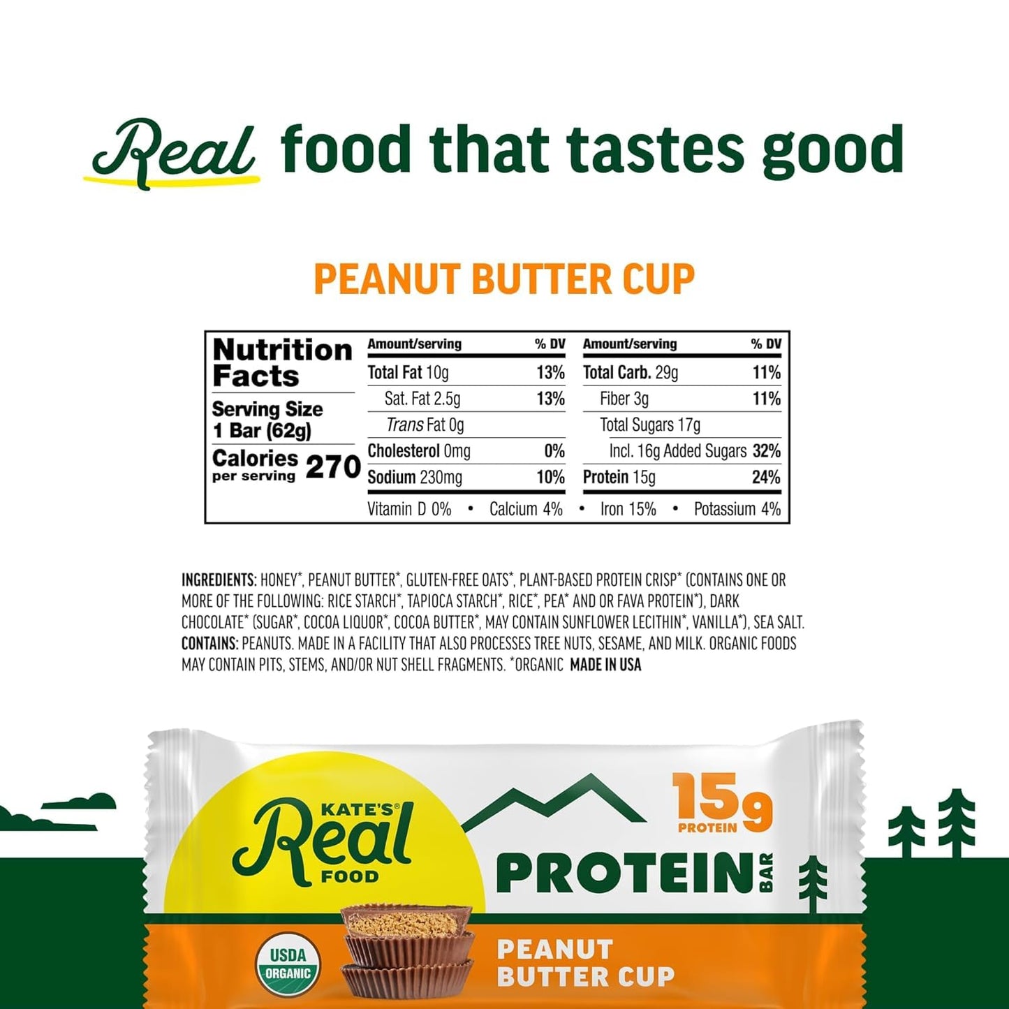 Kate’s Real Food Organic Protein Bars - (Peanut Butter Cup, 2.2 oz, Pack of 12) - Plant Based Protein Bars - Gluten Free, Soy Free, Non GMO, Whole